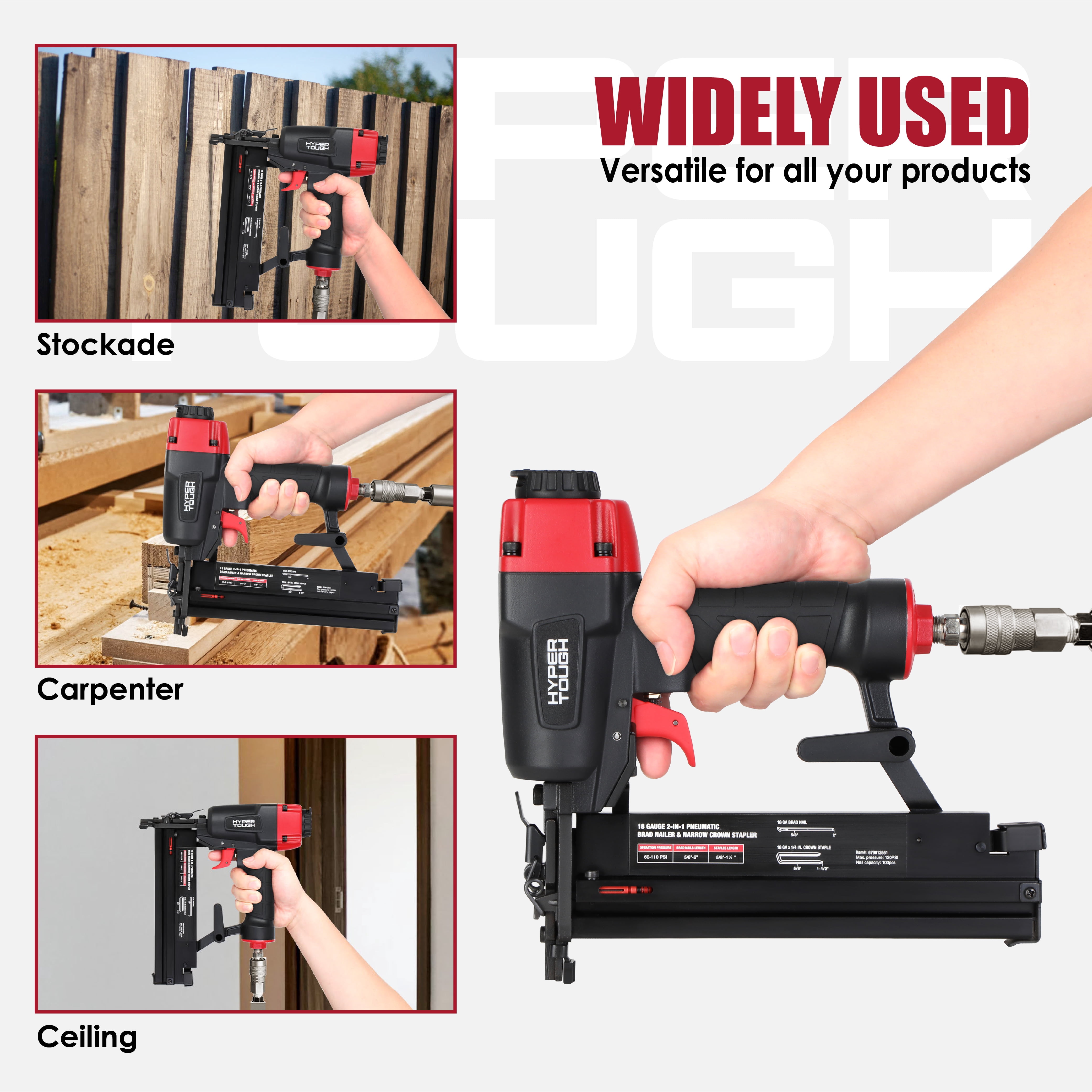 Hyper Tough 18 Gauge 2-in-1 Pneumatic Brad Nailer and Narrow Crown Stapler (Red, 2 in) pips8