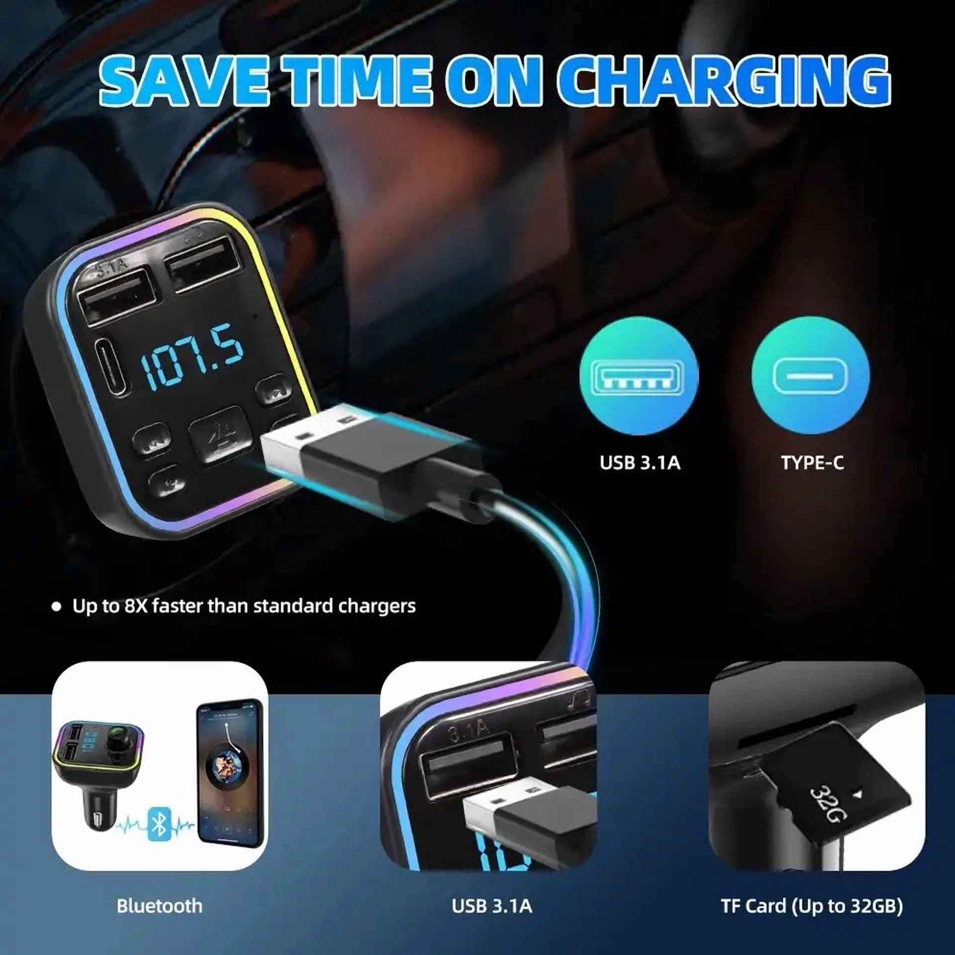 Rhea Car Bluetooth 5.0 FM Transmitter with PD Type-C and Dual USB 3.1A Fast Charger (Black, 1 Pack) pdfj4
