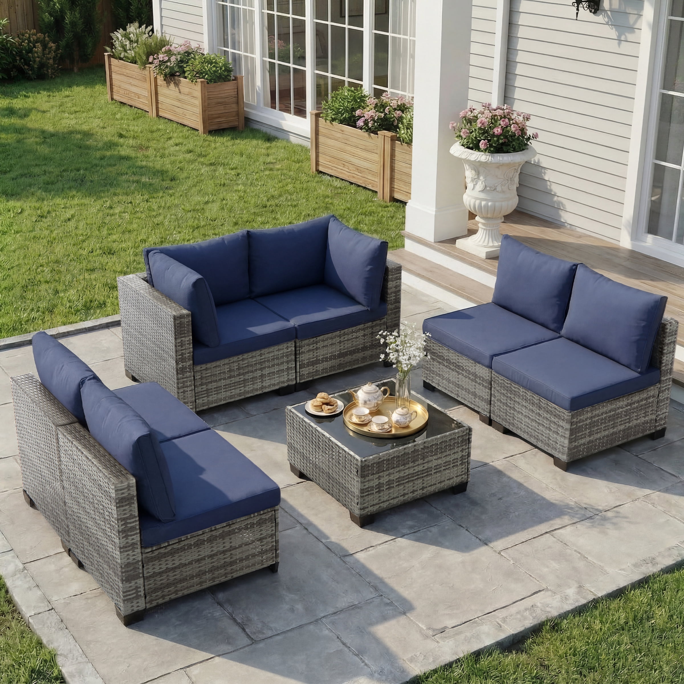 Ebello 7-Piece Modular Outdoor Patio Sectional Sofa Set with Glass Coffee Table (Navy Blue, 7-Piece) 69jwu