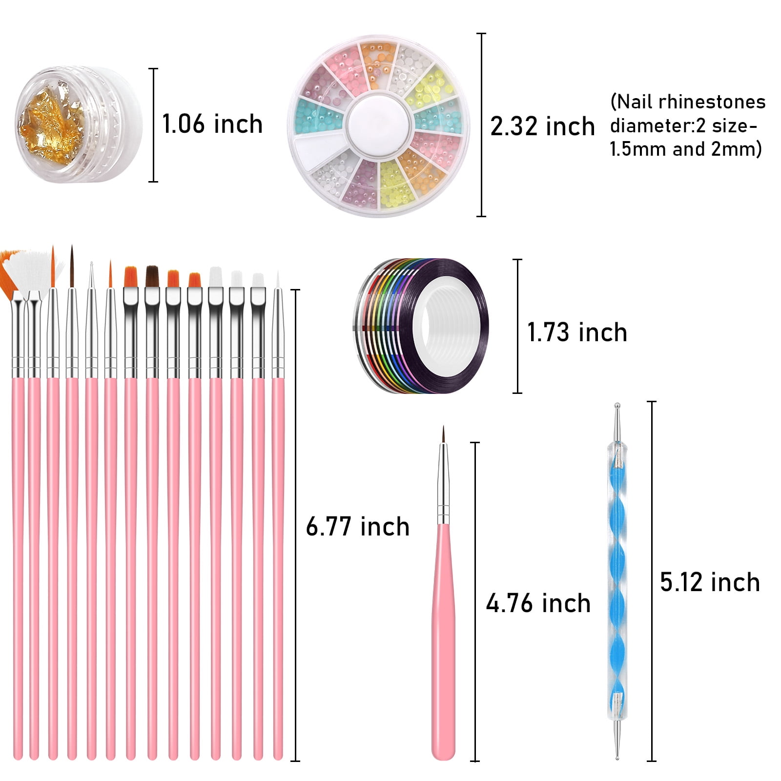 Pinkiou Nail Art Brush and Dotting Tool Set with Rhinestones and Foil Decals (47 Piece Set) 59460