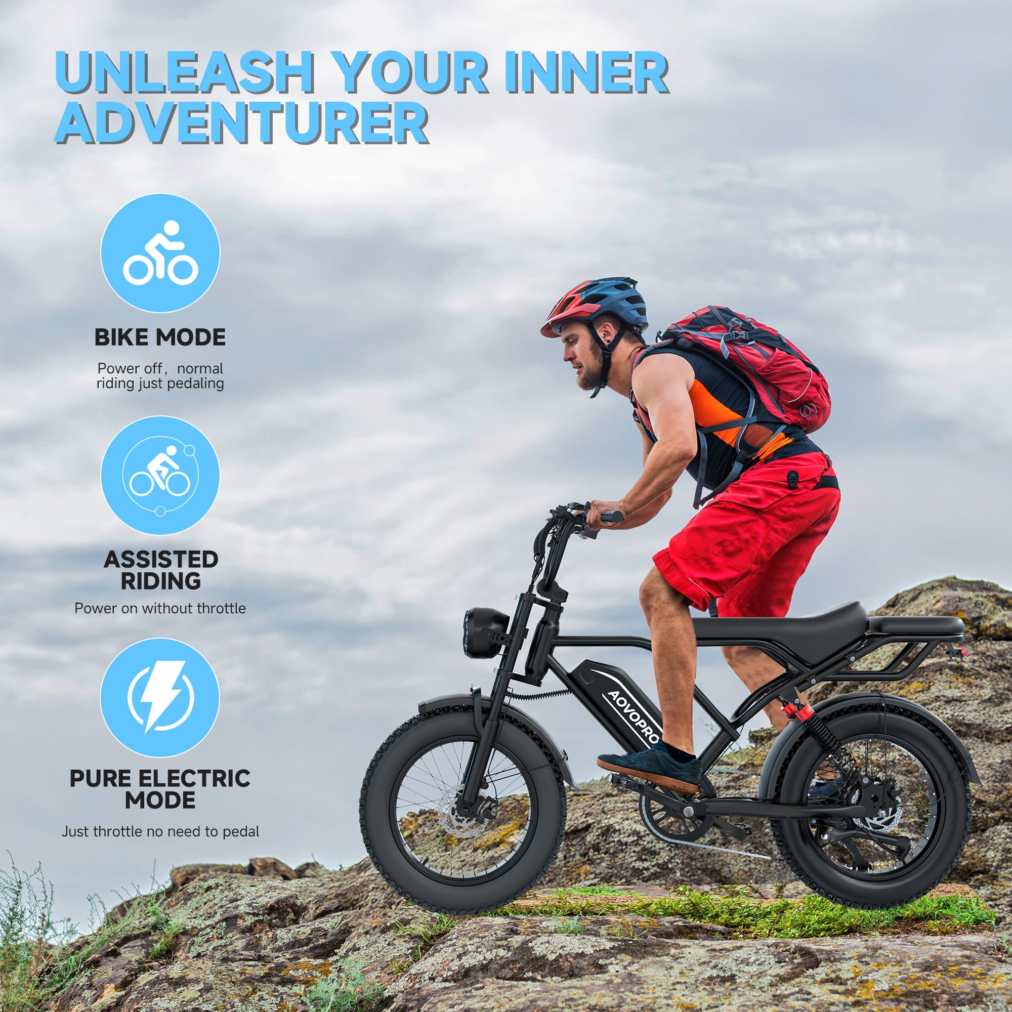 AOVOPRO AP20 Electric Bike for Adults, 750W Off-Road E-Mountain Bike with 20 x 4 in Fat Tires (Black, 48V 18Ah) gg6ag