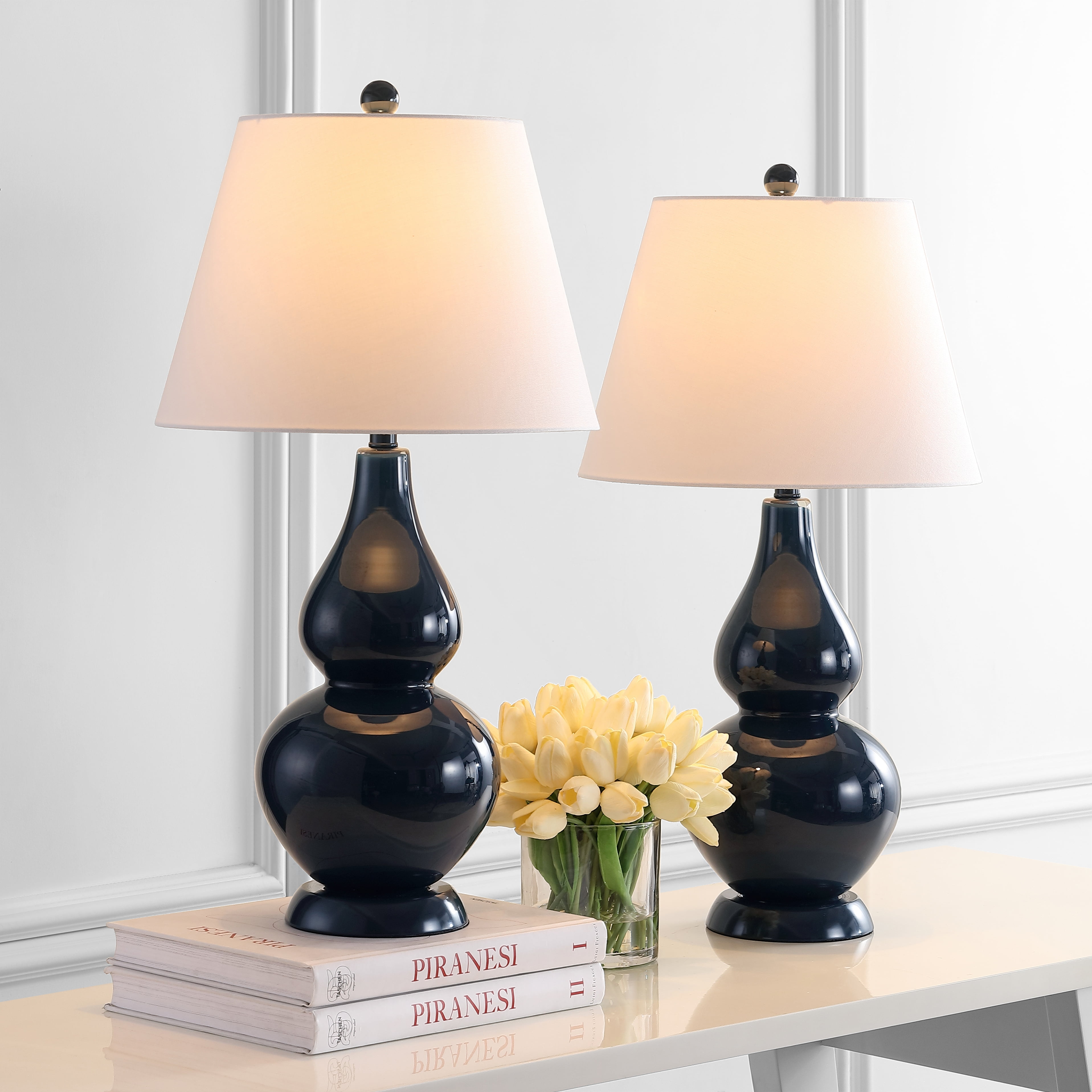 Safavieh Cybil Glass Table Lamp Set with Cotton Shade (Navy, 26 in. Height, Set of 2) atvti