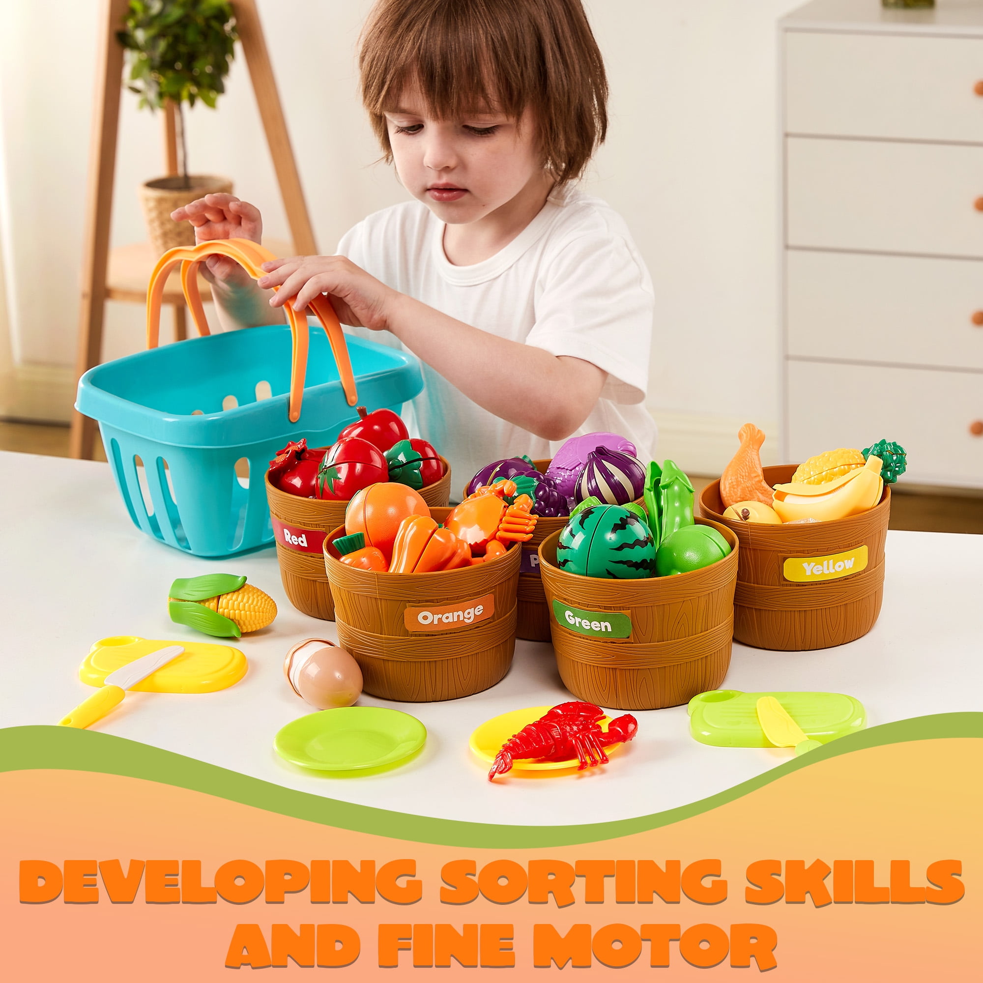 Joyfy 69-Piece Pretend Play Food Set for Kitchen, Educational Color Sorting & Cutting Toy (69 Pieces) angv4