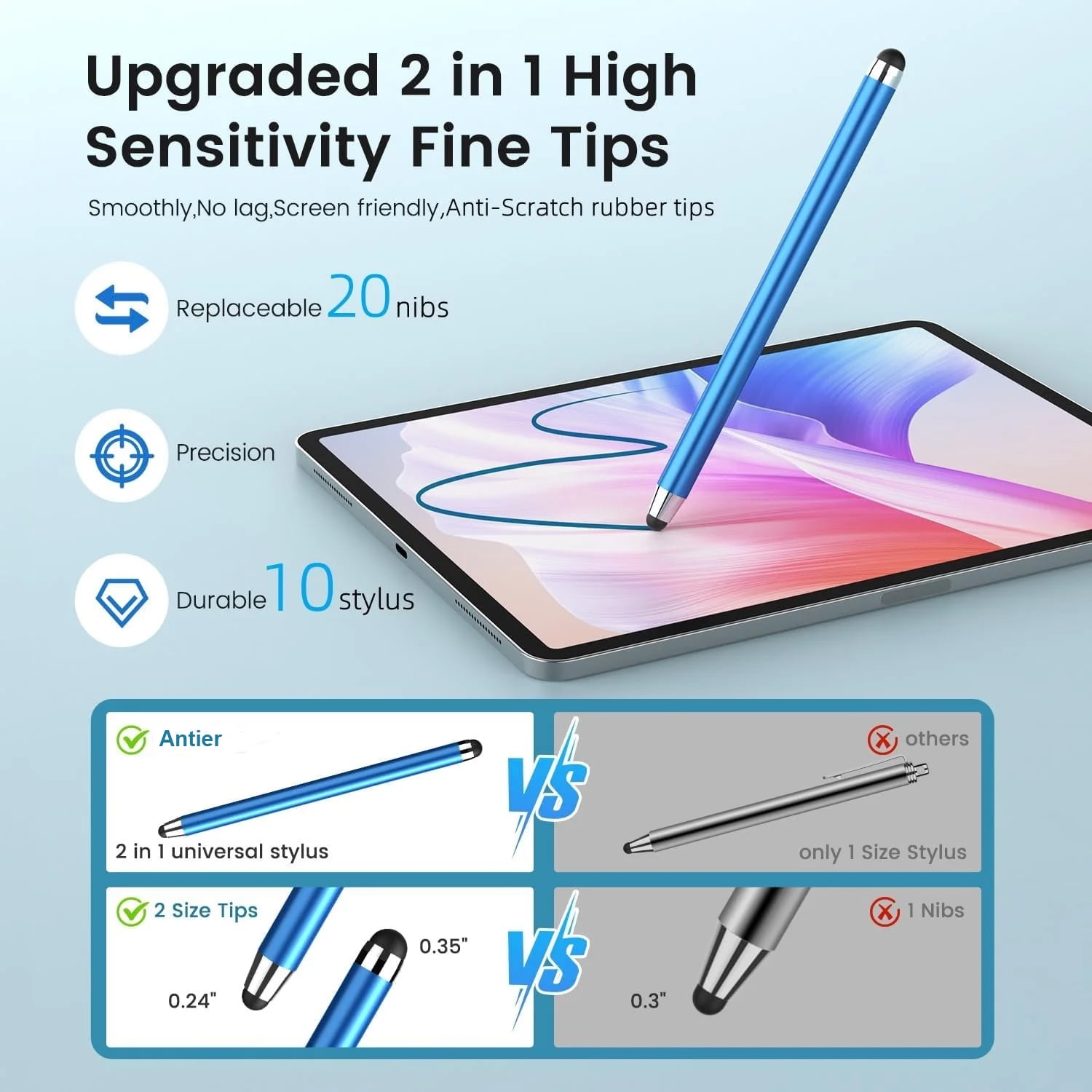 Antier 2-in-1 Universal Stylus Pens for Touch Screens, Precise Capacitive Pens for Tablets and Smartphones (10-Pack, 20 Replacement Nibs) a9zln