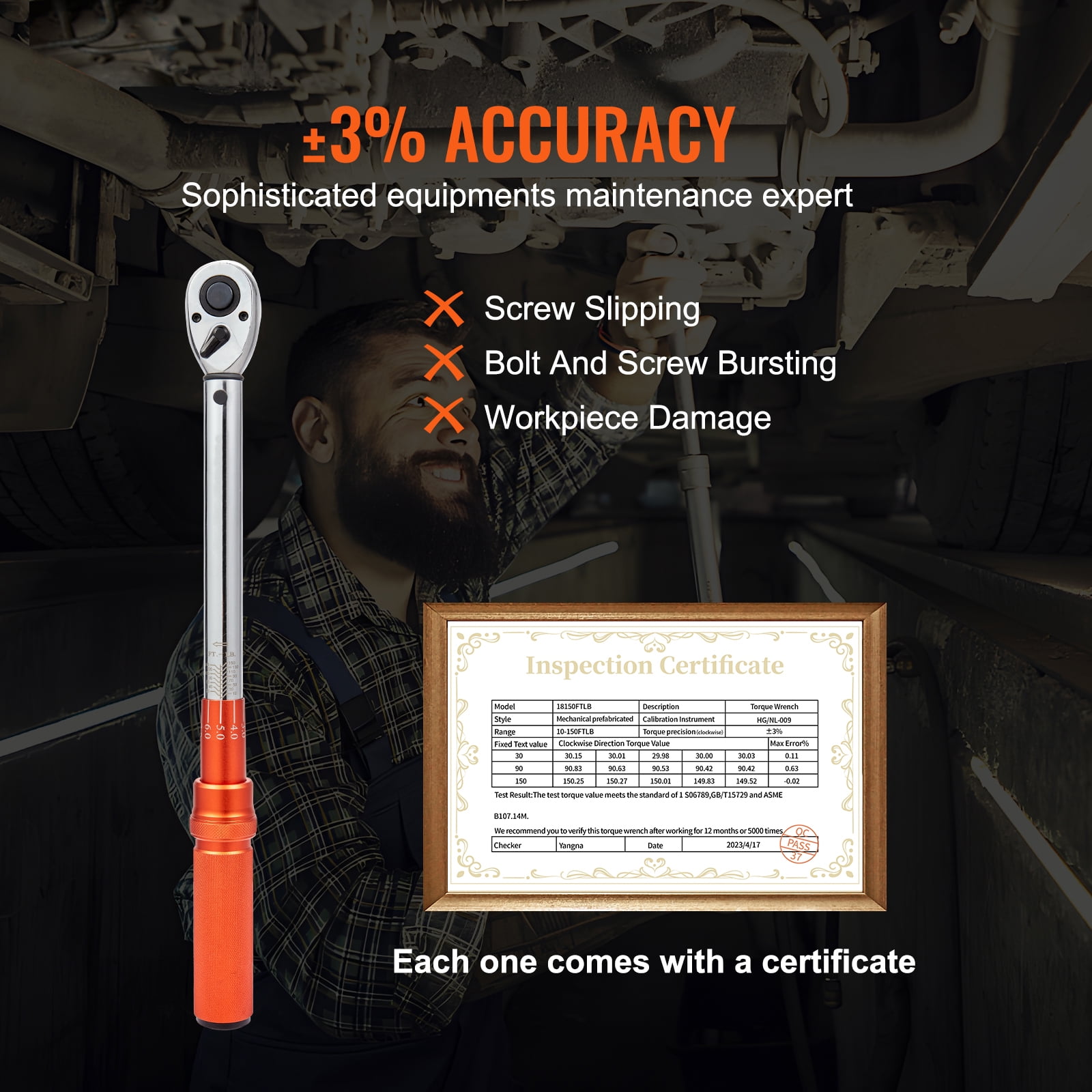 KFFKFF 1/2-inch Drive Torque Wrench Set, Dual-Direction Click Mechanism, 10-150 ft.lb Range (Orange, 1 Set) 5h8l6