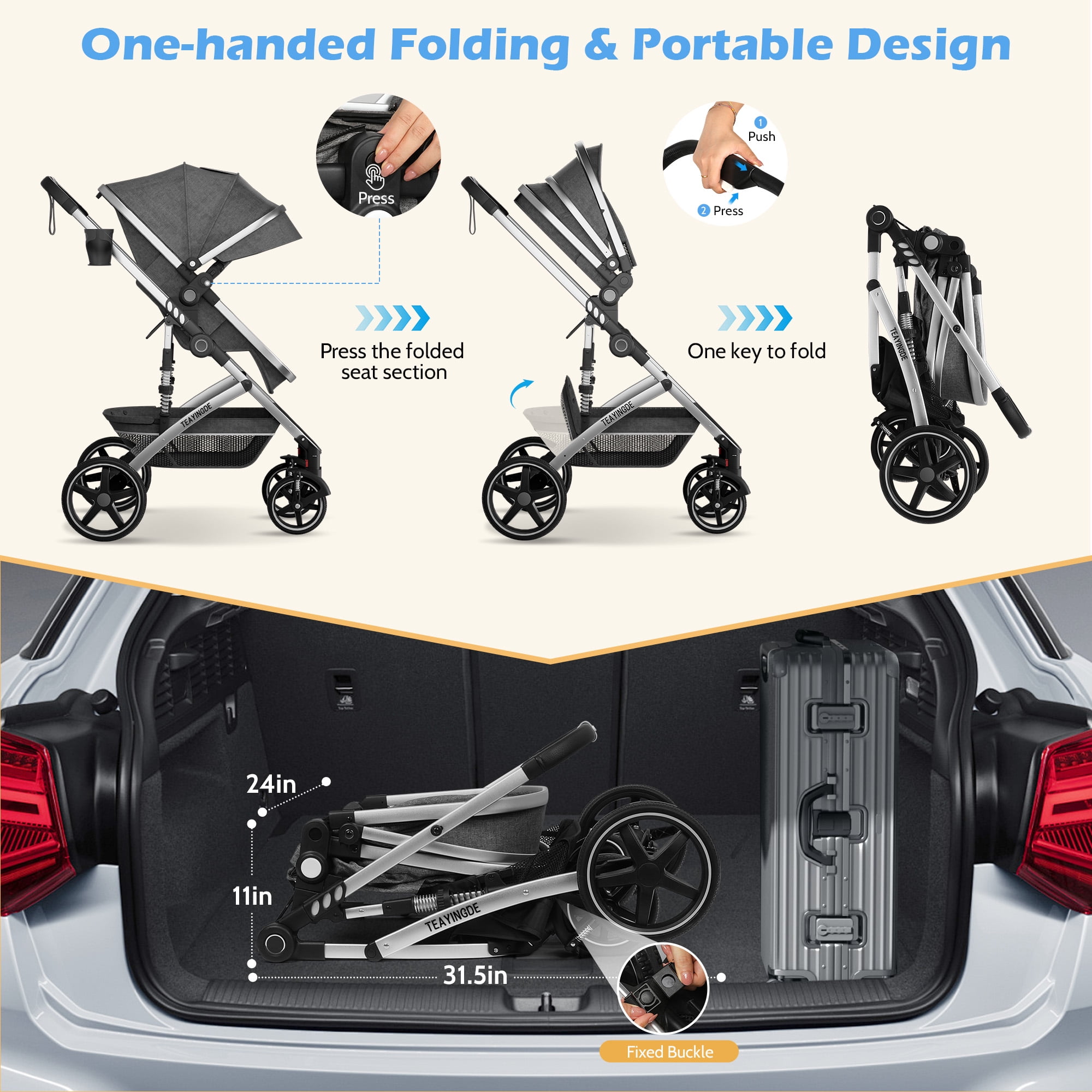 babyeap 2-in-1 Foldable Baby Stroller, Lightweight Reversible Bassinet Carriage with Storage & Cup Holder (Gray, 23 x 24 x 42 in) 9ivpa
