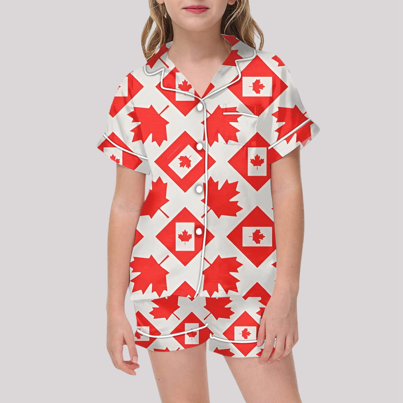 Zenthread Girls Summer Two-Piece Outfit Maple Leaf Print Short Sleeve Collared Shirt and Shorts Set (Beige, 2-3T) id190