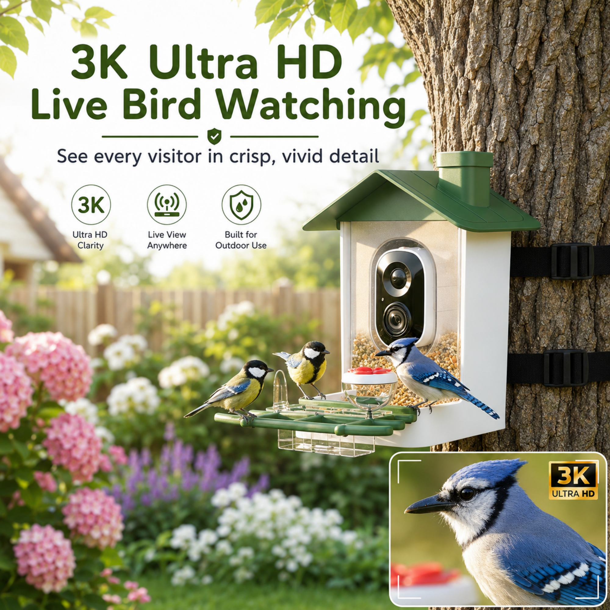 Mehoom Smart Bird Feeder with Camera, 3K HD AI Bird Recognition, Solar Powered Outdoor Wildlife Camera (Green) 2k1ye