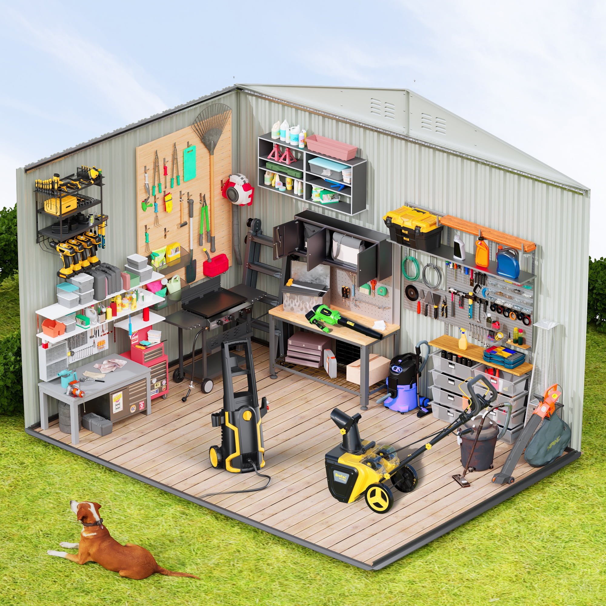 NICWIN Outdoor Steel Storage Shed, Weather-Resistant Metal Tool Shed with Windows and Air Vents (Creamy White, 6 ft x 8 ft) v9y35