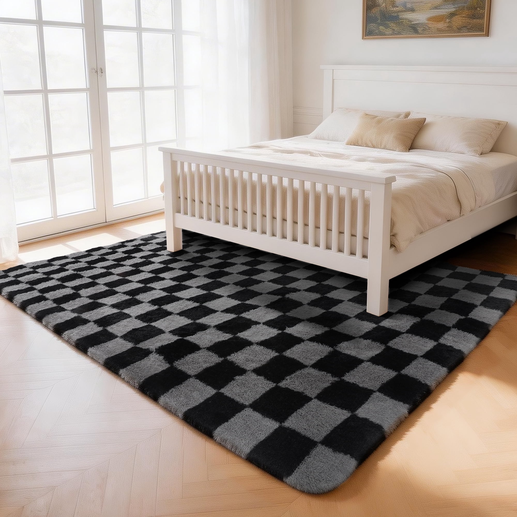 Cozydesg Shag Area Rug, Soft Fluffy Checkered Floor Carpet, Non-Slip Washable Rug for Living Room and Bedroom (Black & Grey, 5 ft x 8 ft) 1noe6