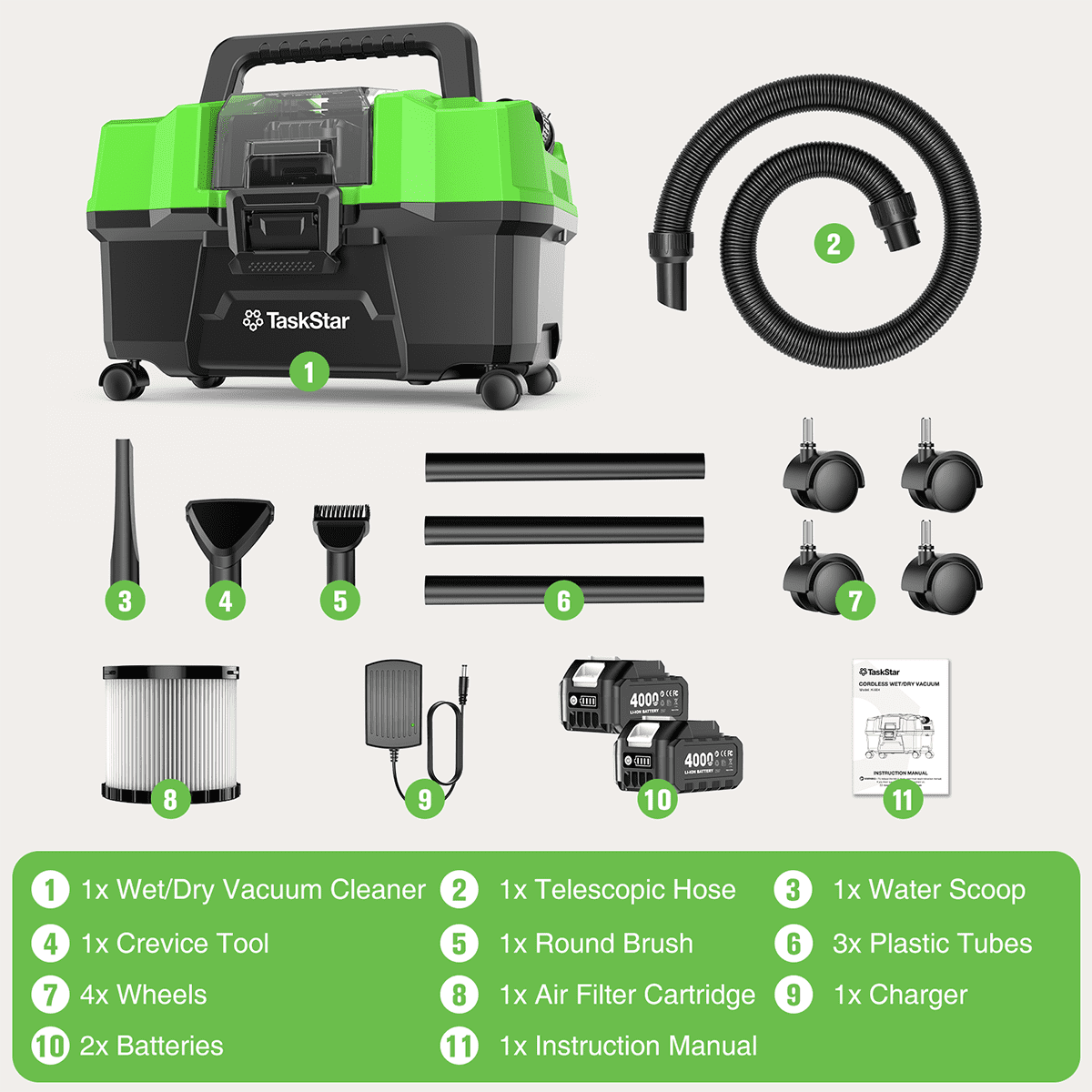 TaskStar Cordless Wet Dry Shop Vacuum with Blower, Brushless Motor, 2 Batteries, Portable Shoulder Strap (Green, 2.6 gal) hcs8i