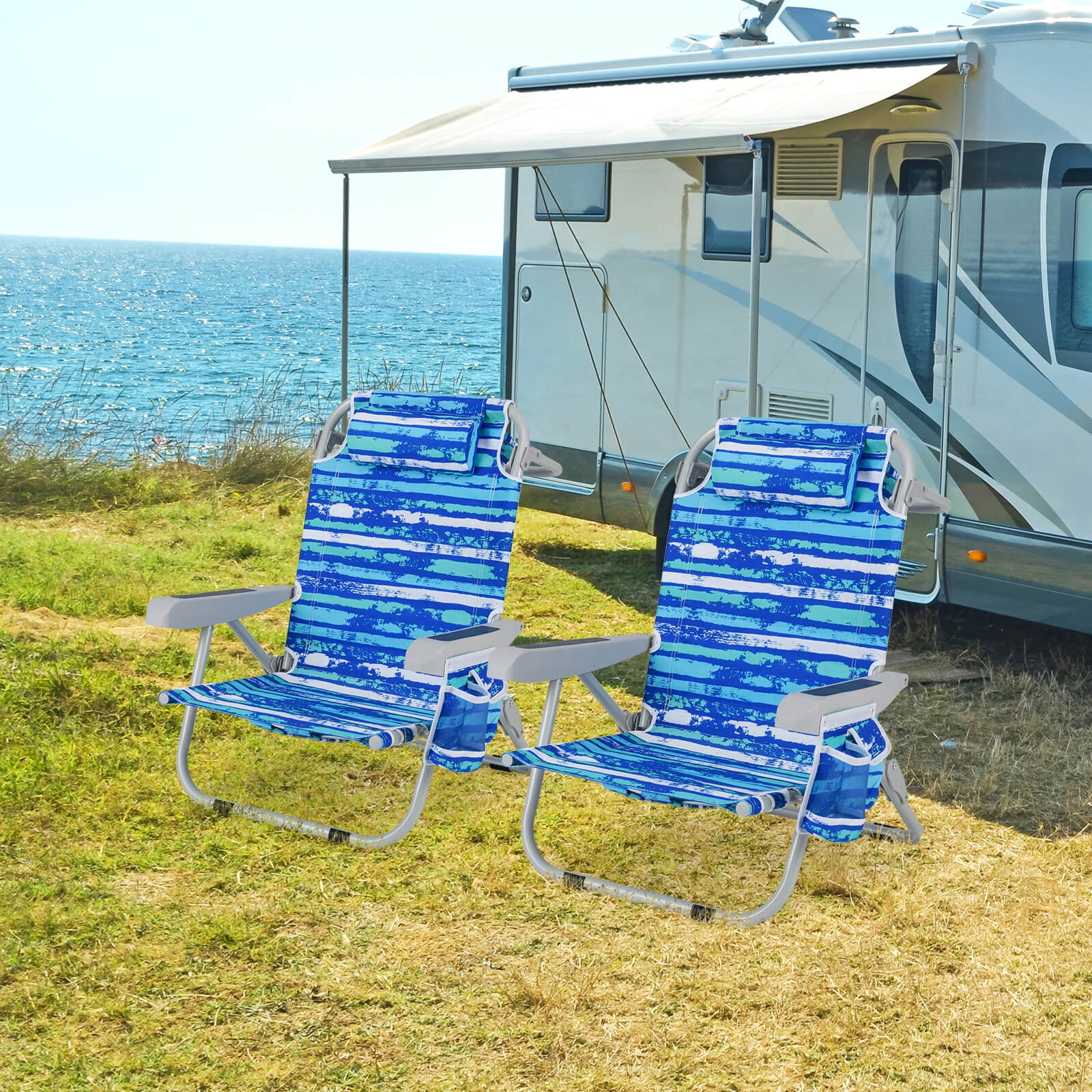 Costway 2-Piece Folding Beach Chair Set Lightweight Aluminum Camping Chair with Storage (Navy, 2-Pack) 11wsf