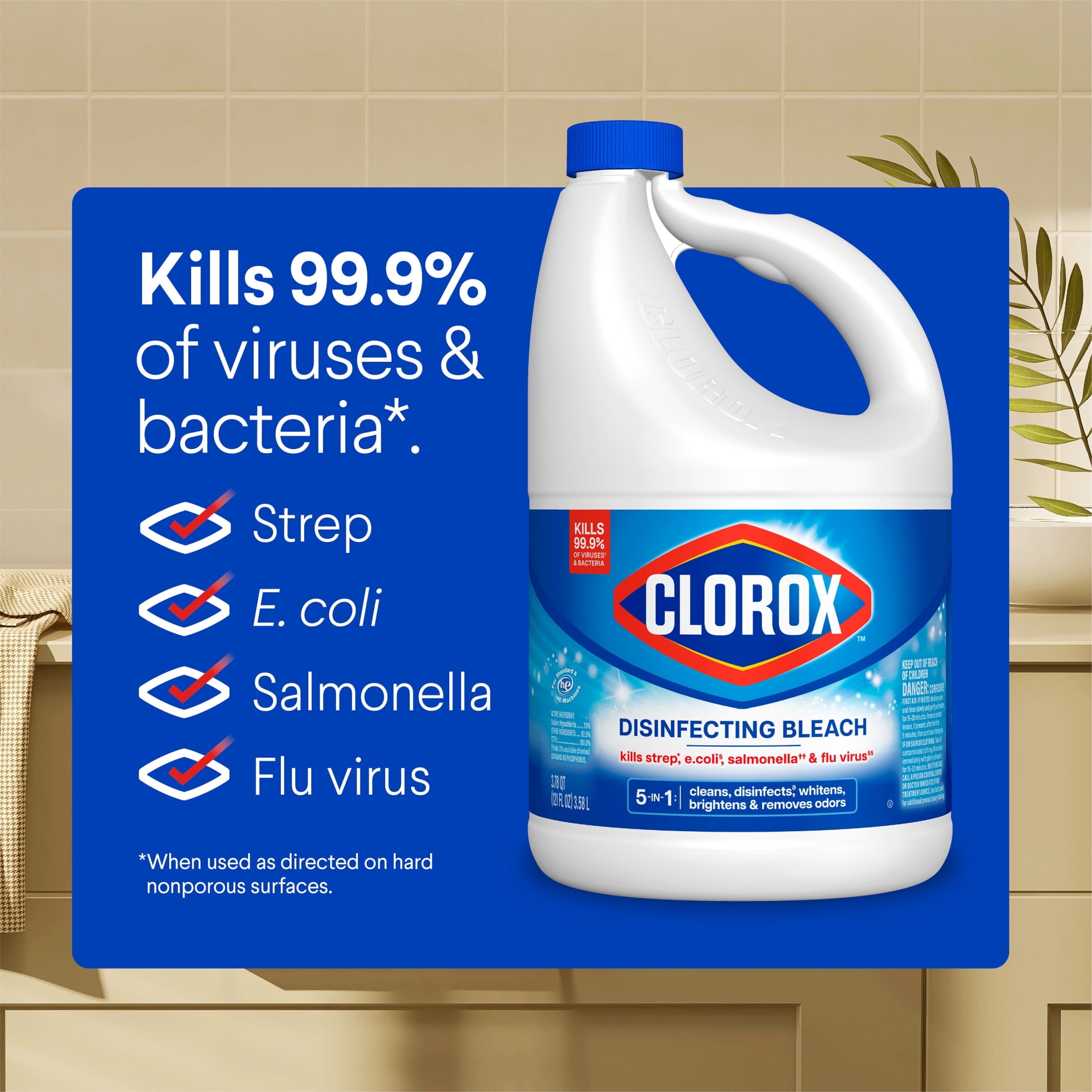 Clorox Disinfecting Liquid Bleach, Regular Scent, Multi-Purpose Surface Cleaner and Laundry Whitener (121 fl oz) fkqes