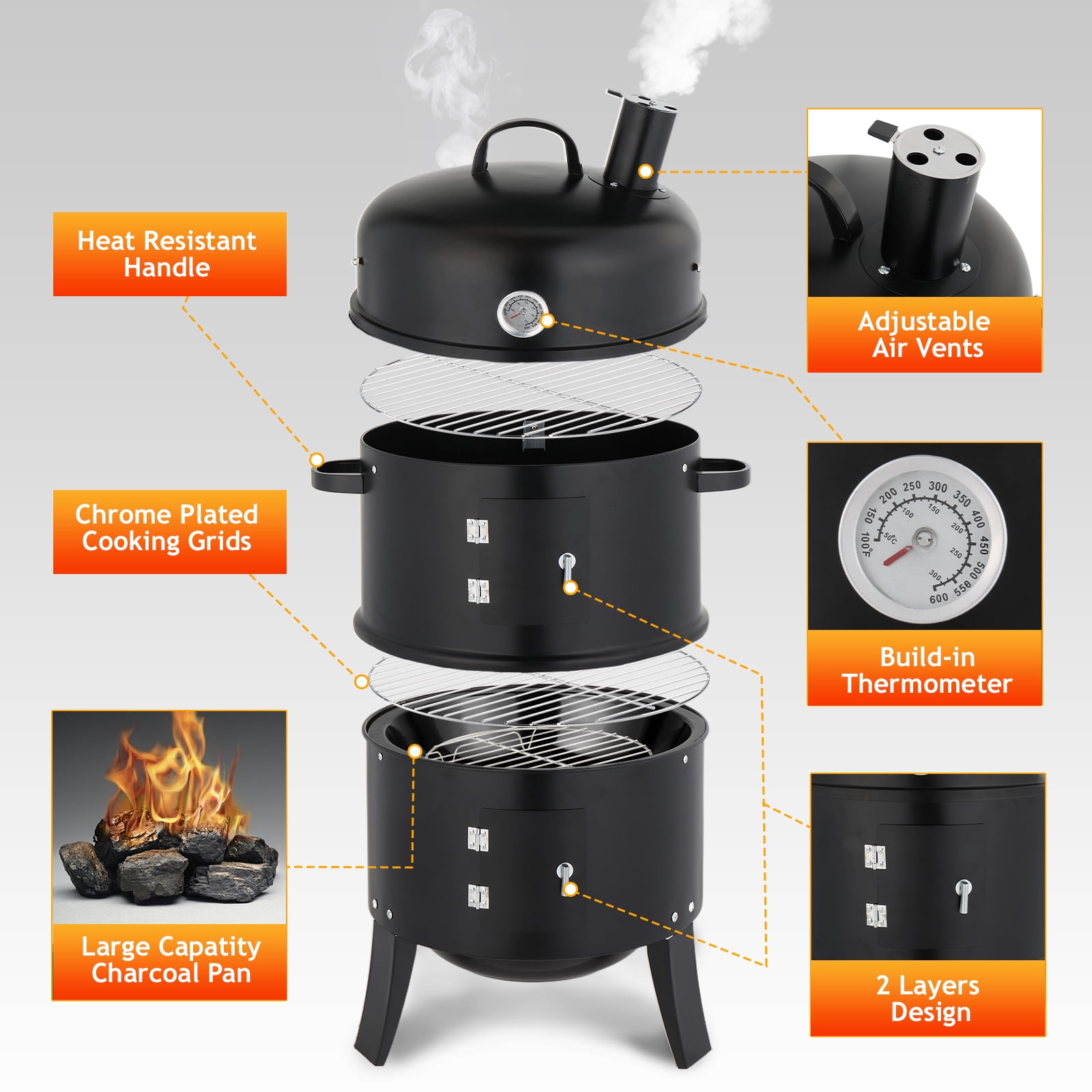 Hendoct Vertical Charcoal Smoker, Heavy-Duty Steel BBQ Grill with Chimney for Outdoor Cooking (Black, 16.9 in x 20.5 in x 33.5 in) 7olpy