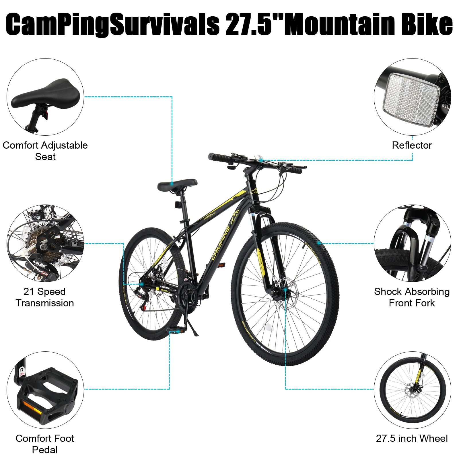UBesGoo 27.5 in Mountain Bike, 21-Speed MTB with Dual Disc Brakes, High-Carbon Steel Frame (Yellow, 27.5 in) aroqq