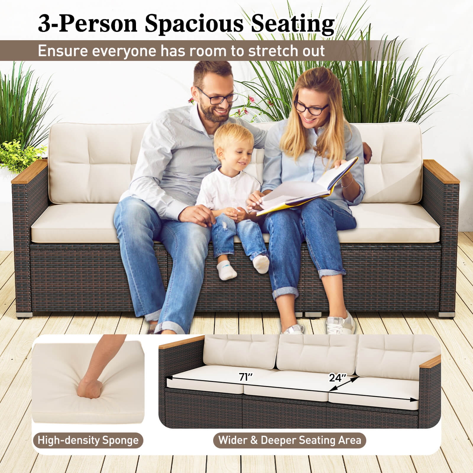 Costway 3-Seat Patio Sofa PE Rattan Wicker Outdoor Furniture Set (White, 76 in x 26 in x 25.5 in) 7z5df