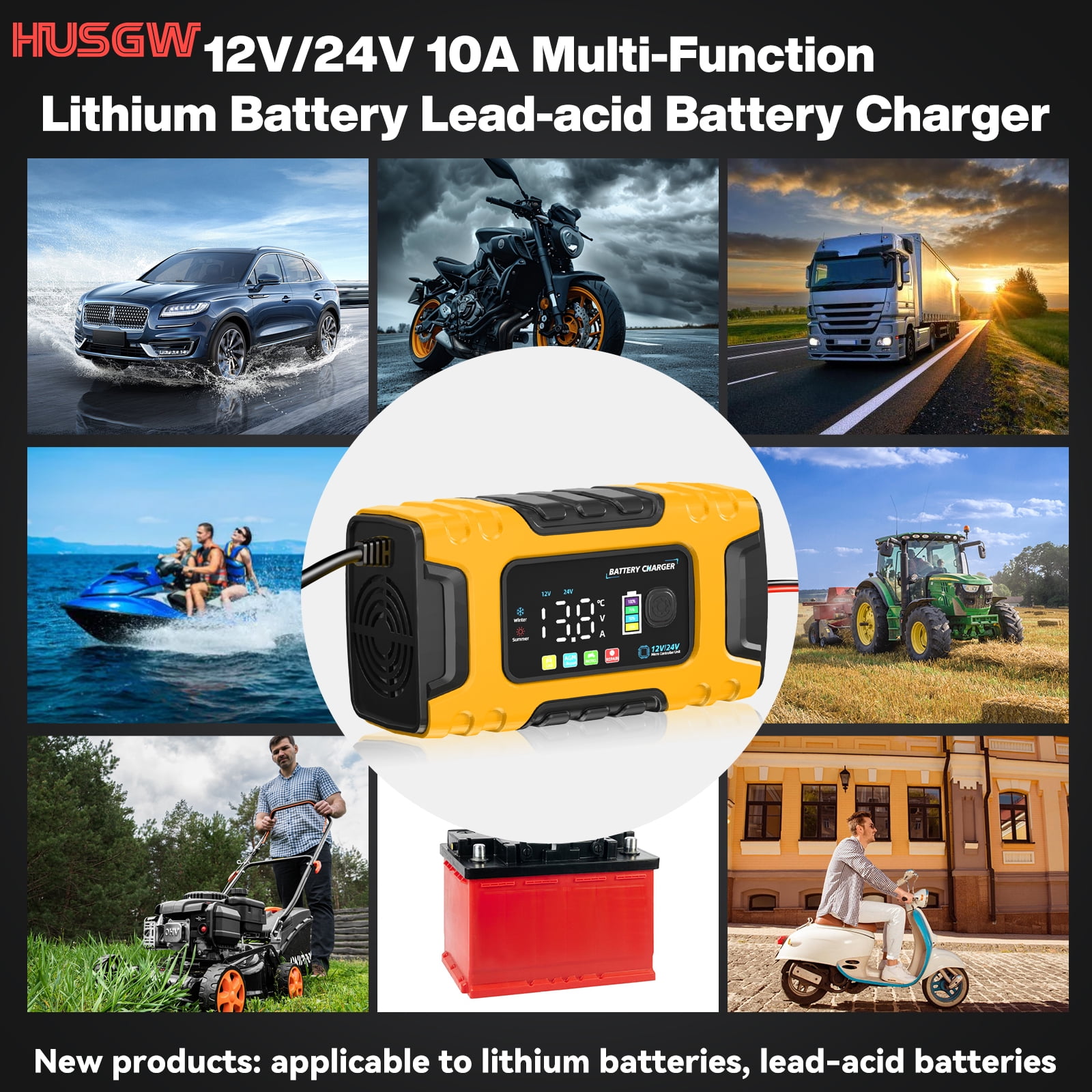 HUSGW Smart Car Battery Charger 12V 10A/24V 5A Automatic Trickle Maintainer for Lead-Acid and LiFePO4 (Yellow) 3qr0f
