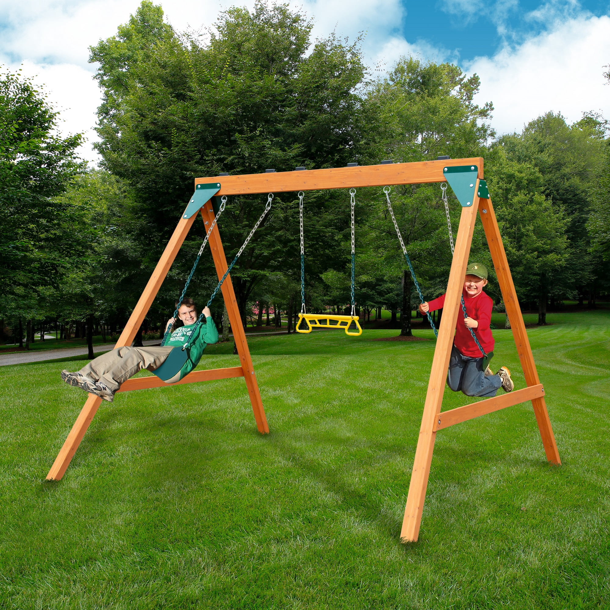 Gorilla Playsets Basic Wooden Swing Set with Two Belt Swings and Trapeze (Brown, 1 Unit) ydr0x