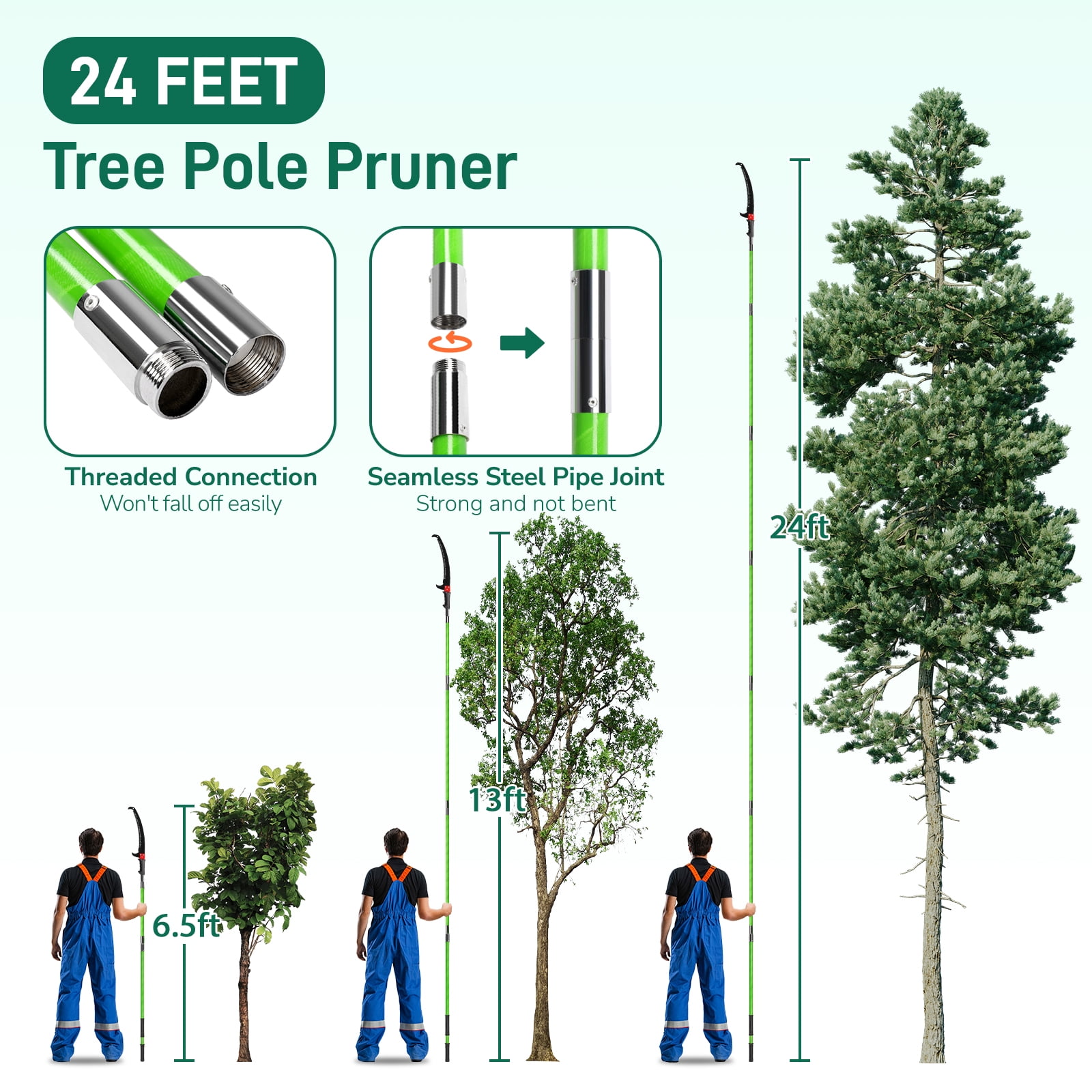 UBesGoo 24ft Extendable Pole Saw, Manual Tree Trimmer with Fiberglass Poles and Alloy Steel Blades (Green, 24 ft) 9rbc5