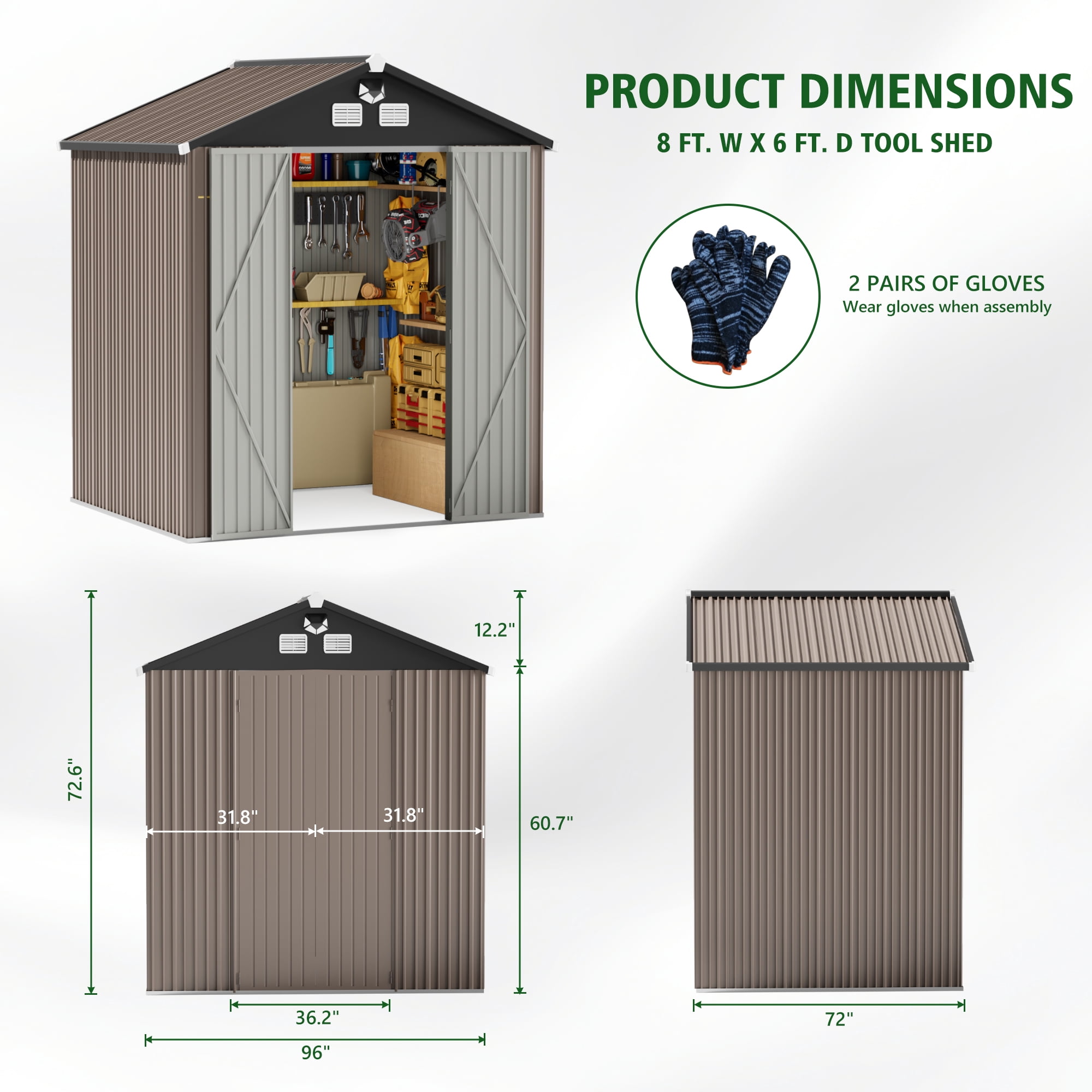 Licheers Outdoor Metal Tool Storage Shed with LED Light and Air Vents (Brown, 8 ft. W x 6 ft. D) 5yoq4