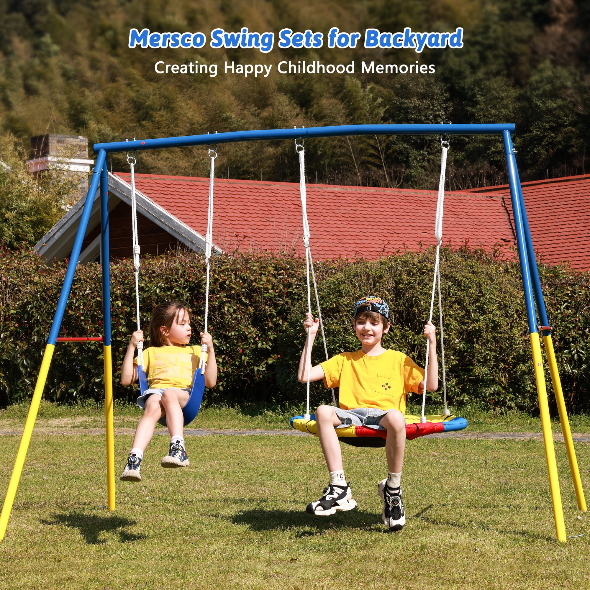 Mersco 2-in-1 Outdoor Swing Set with Heavy-Duty Metal Stand (Blue, 440 lb Capacity) ur5kq