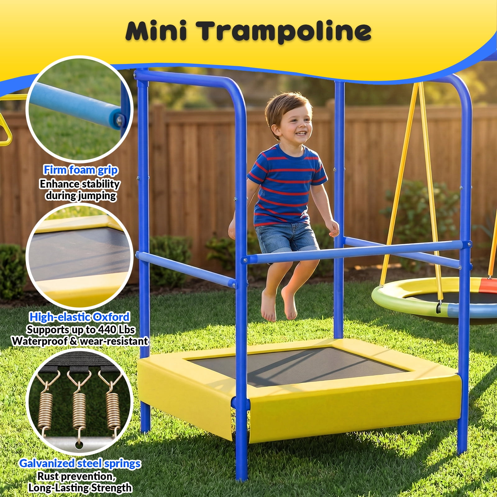 Gardwin Metal Swing Set with Trampoline and Slide (Yellow, 1000 lb Capacity) 9y98a