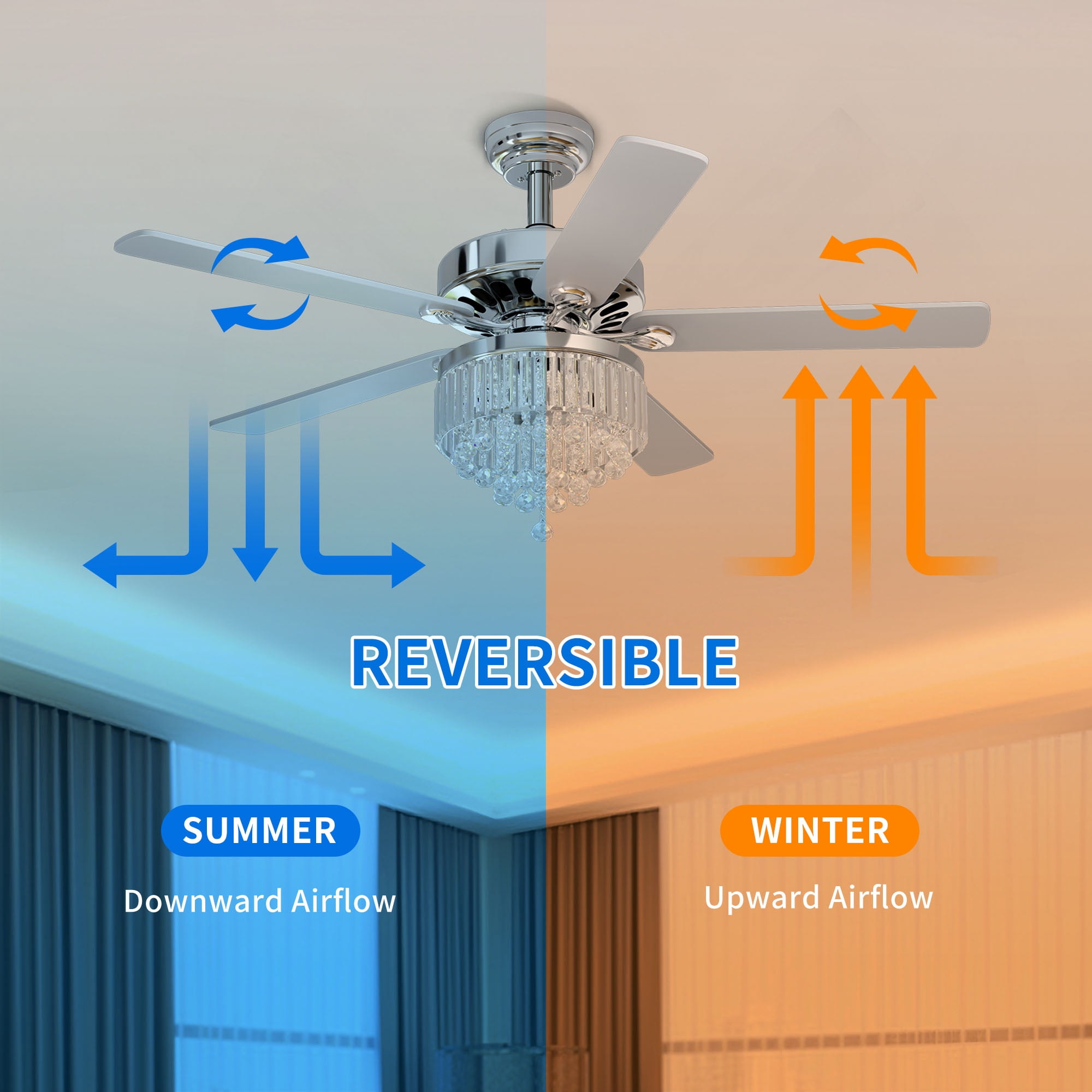 Dextrus 52 in Chandelier Ceiling Fan with Remote, Crystal Light Fixture, Silent Reversible Motor, Chrome (52 in) 6qwa1