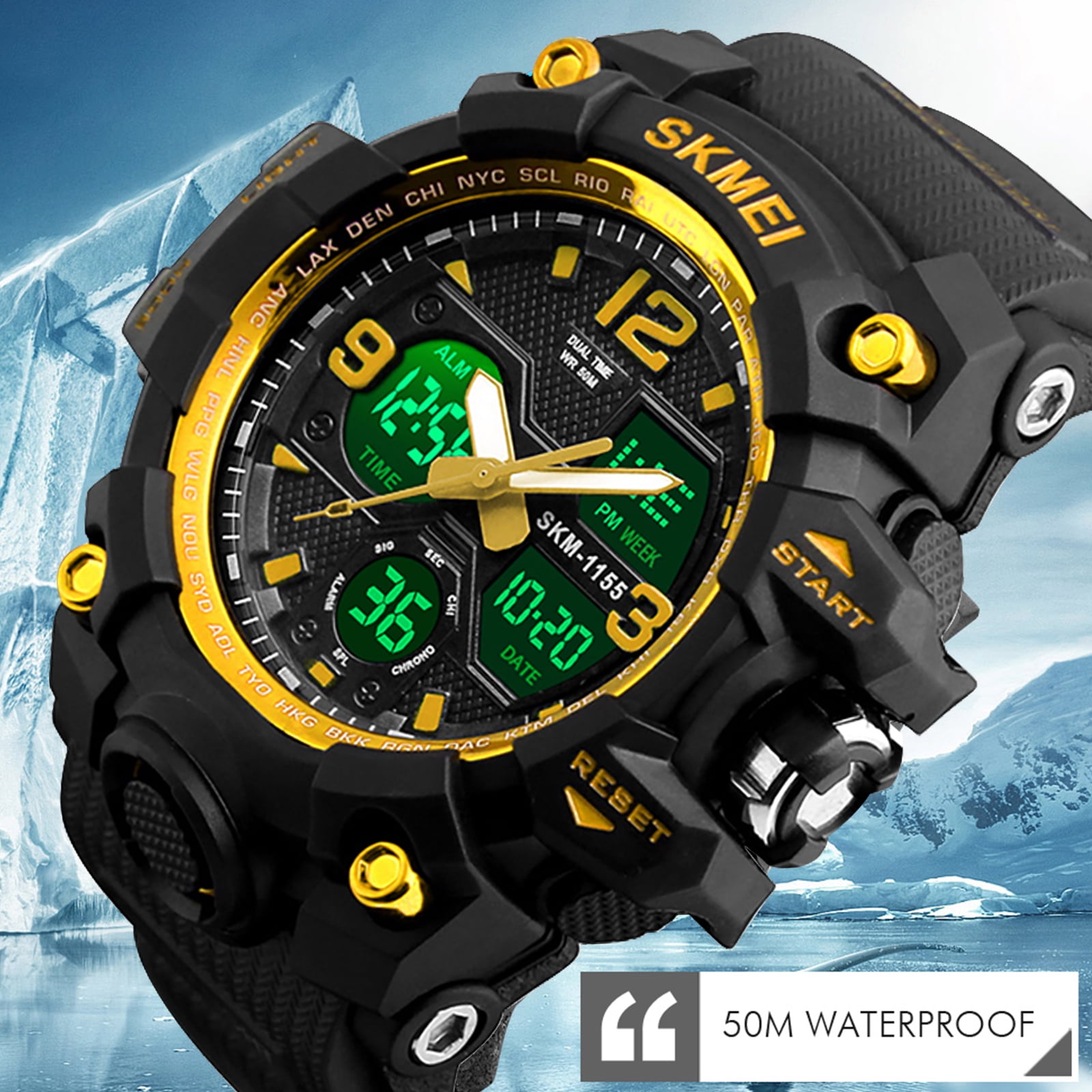 SKMEI Men's Digital Sports Watch, Large Face Military Style LED Display with Alarm and Stopwatch (Gold, 1.97 in) wu4s2