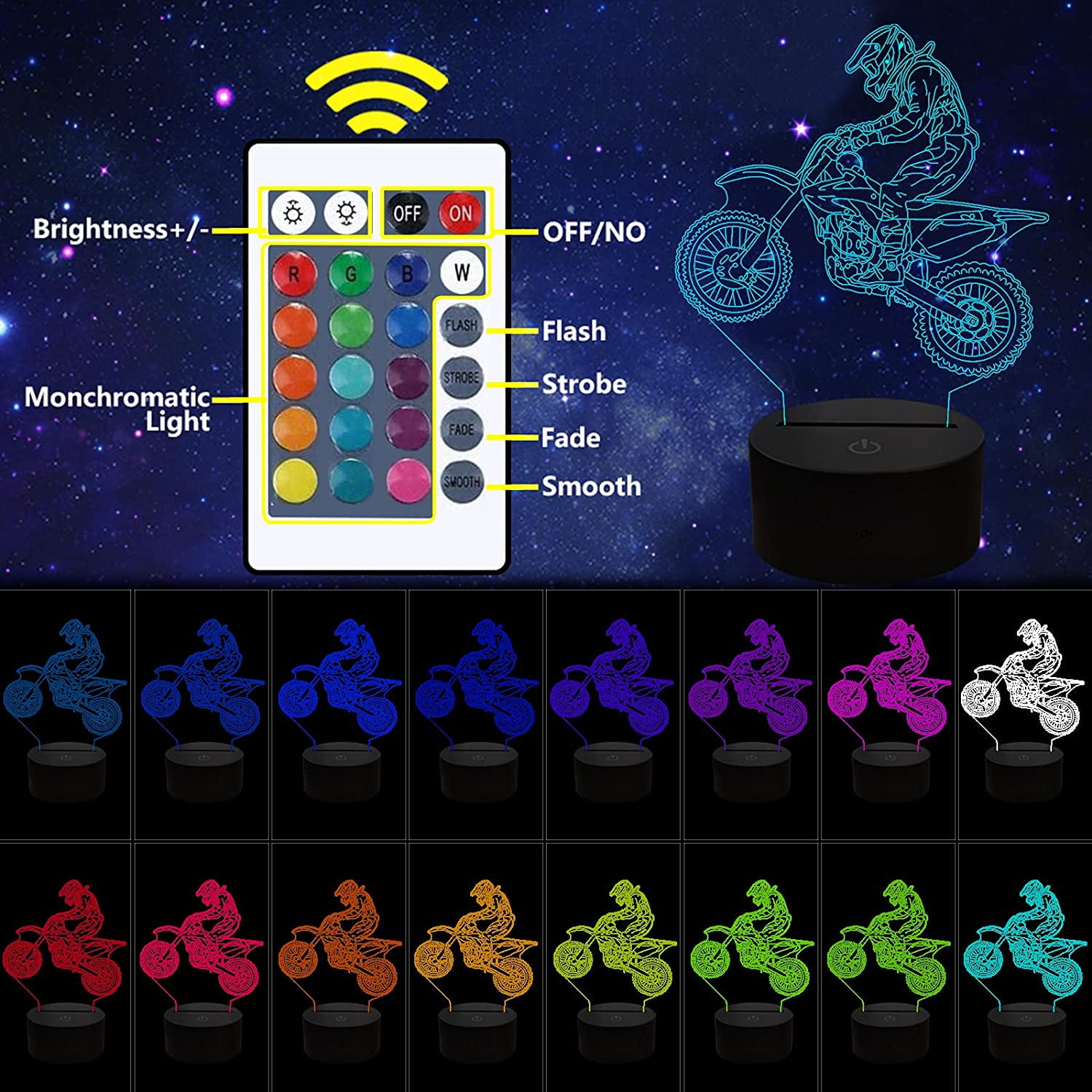 Ysitian Motocross 3D LED Night Light Illusion Lamp for Kids Bedroom (Black, 1 Pack) etfuv