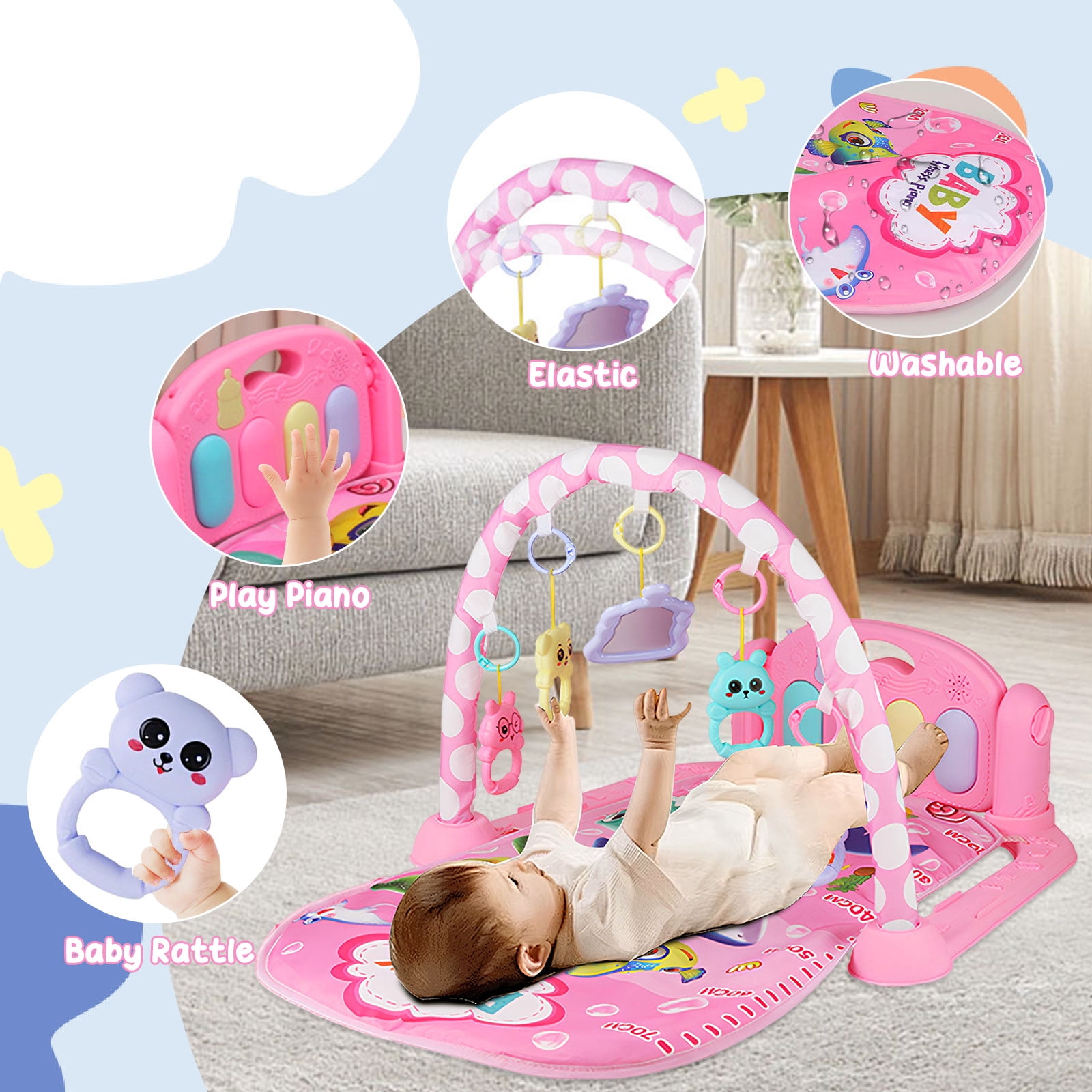 RICHYOUNG Baby Gym Play Mat 3-in-1 Musical Fitness Activity Center with Piano and Hanging Toys (Pink, 30 in x 22 in x 17 in) hbu2g