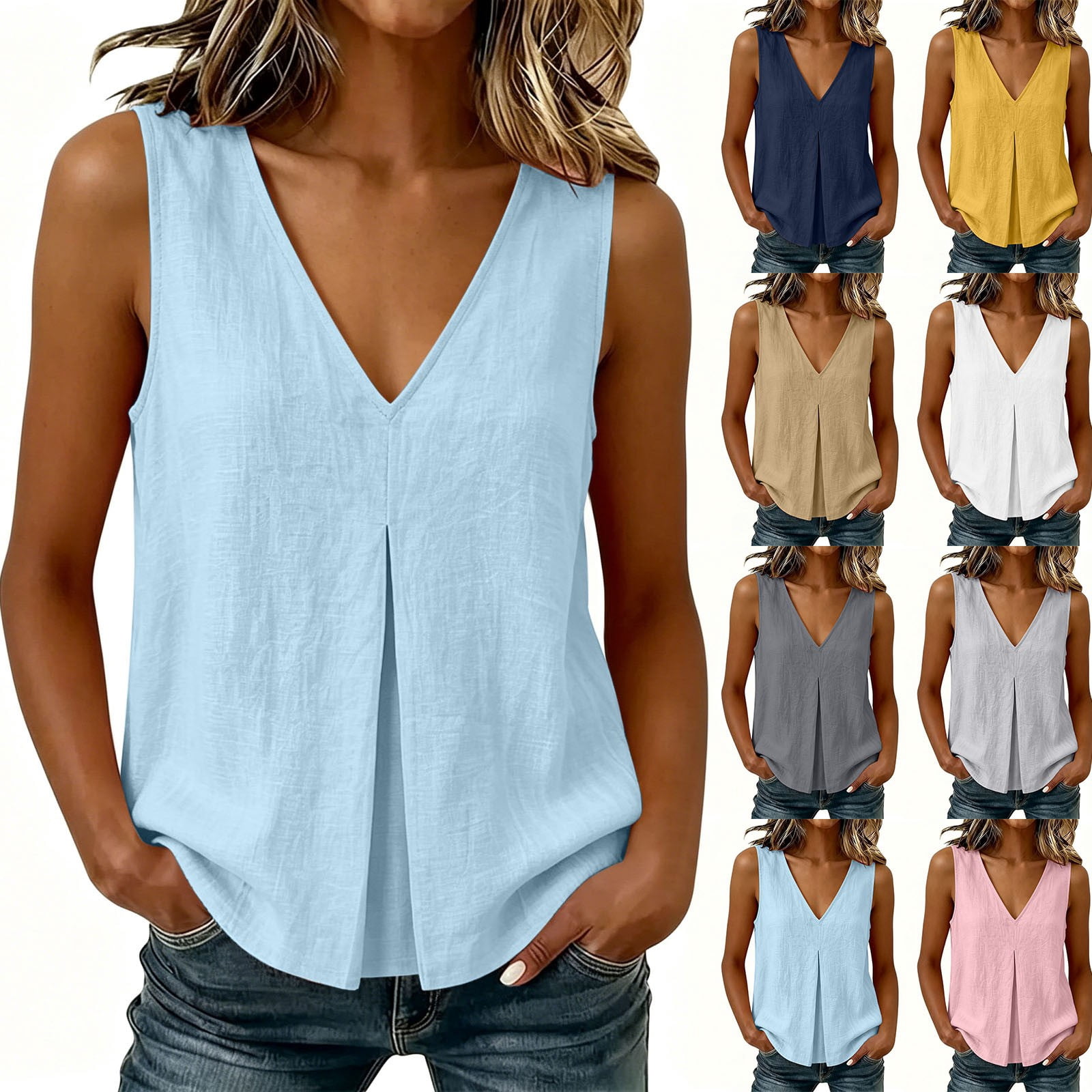 Noric Women's Cotton Tank Top Sleeveless V-Neck Summer Casual Flowy Blouse (White, Medium) dcs54