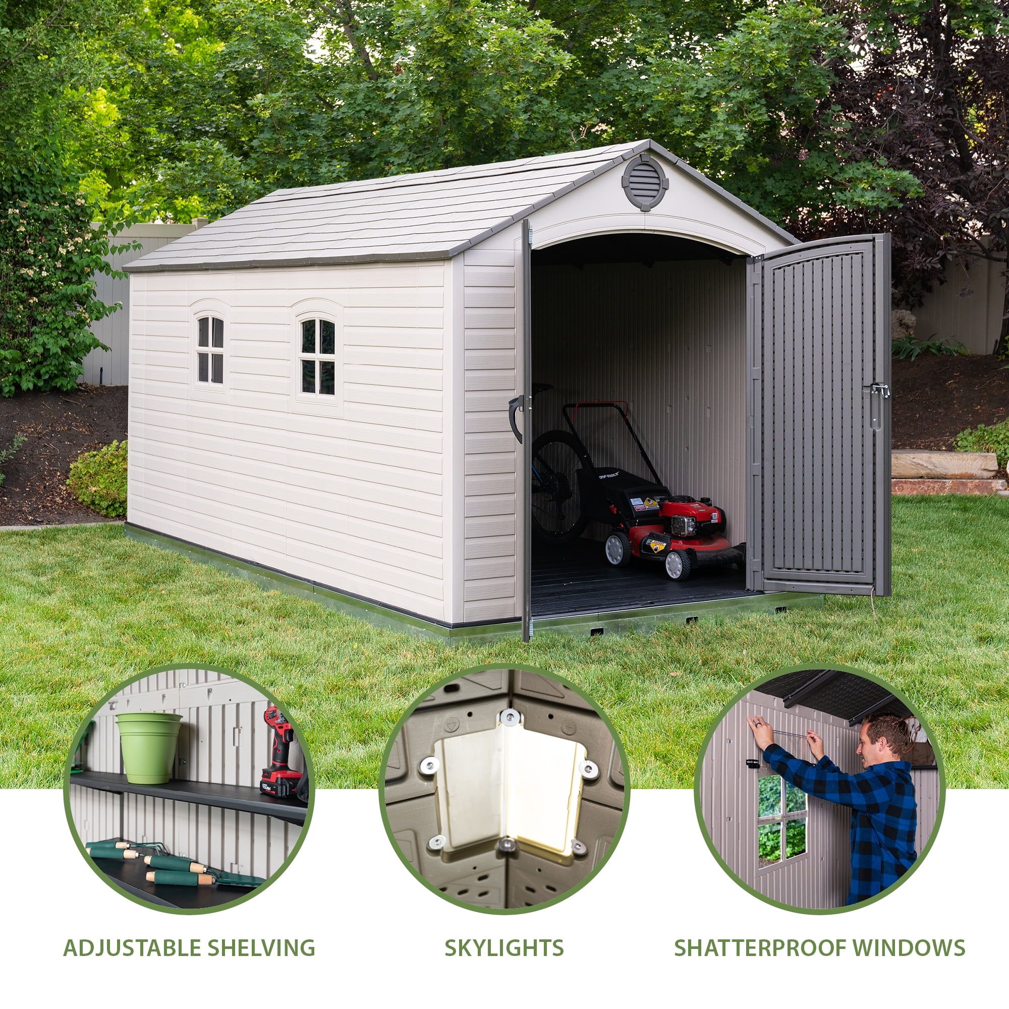 LIFETIME Outdoor Storage Shed, Heavy-Duty Weather-Resistant Polyethylene, Lockable Doors (Tan and Brown, 8 ft x 15 ft) 11so5