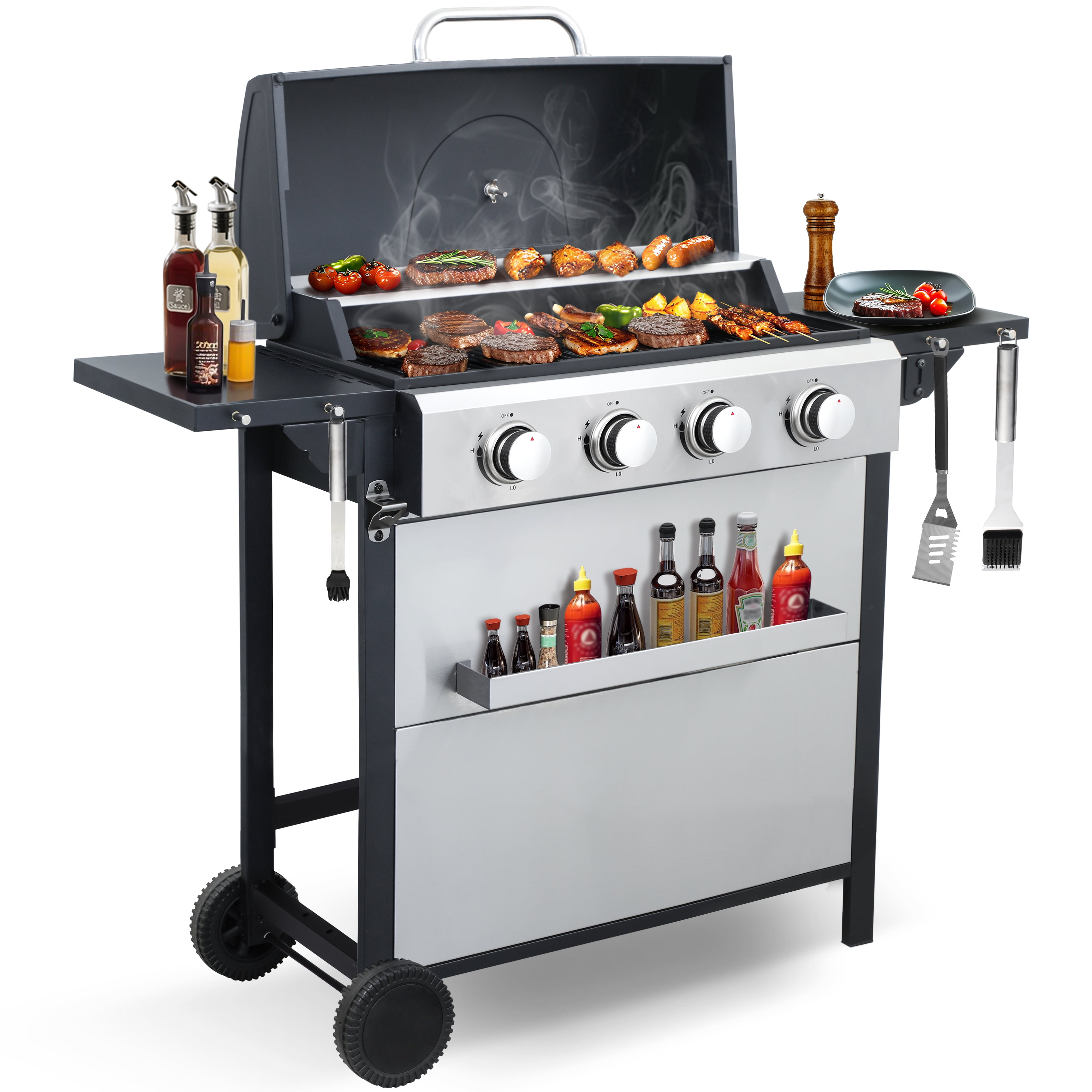 Born Free 4-Burner Propane Gas Grill, Stainless Steel BBQ with Porcelain-Enameled Grates (Black, 40,000 BTU) o9zzp