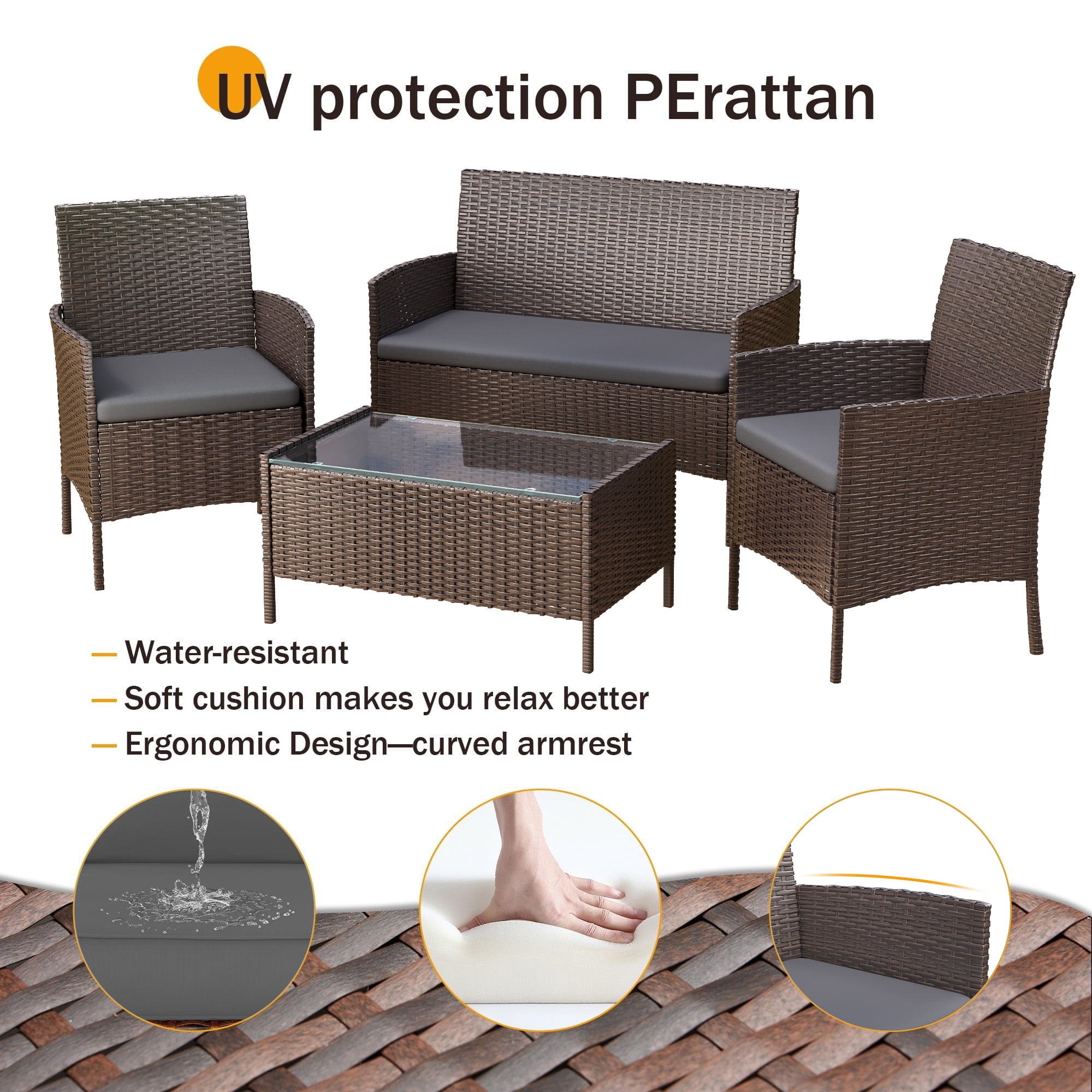 MRUAKA 4-Piece Outdoor Wicker Patio Furniture Set with Cushions and Coffee Table (Grey, 4-Piece Set) d54ge