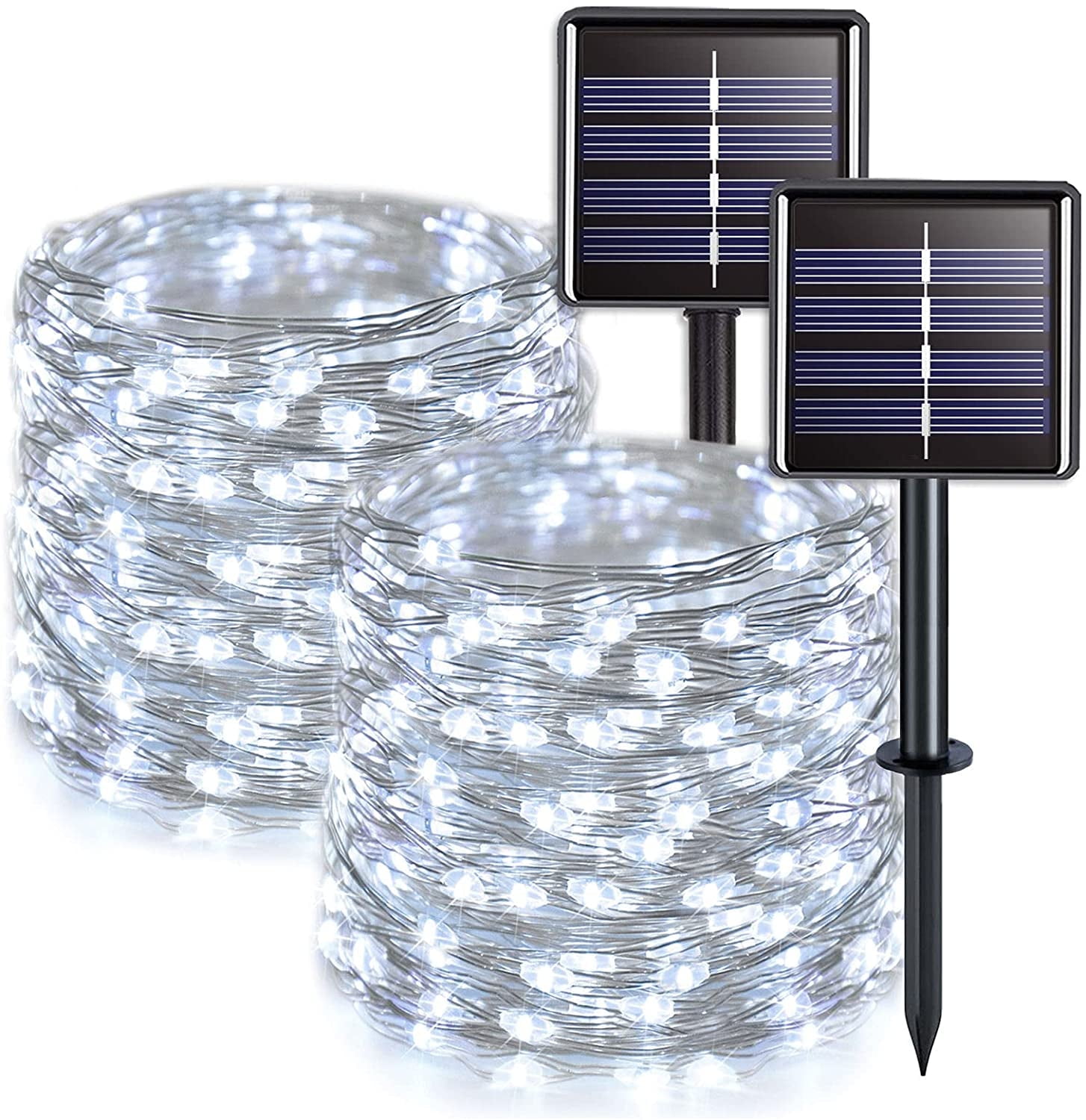 Rirool Solar String Lights (100 LED, 33 ft, 8 Modes, Waterproof) Outdoor Decorative Fairy Lights for Garden and Patio (White, 2 Pack) nnnpz