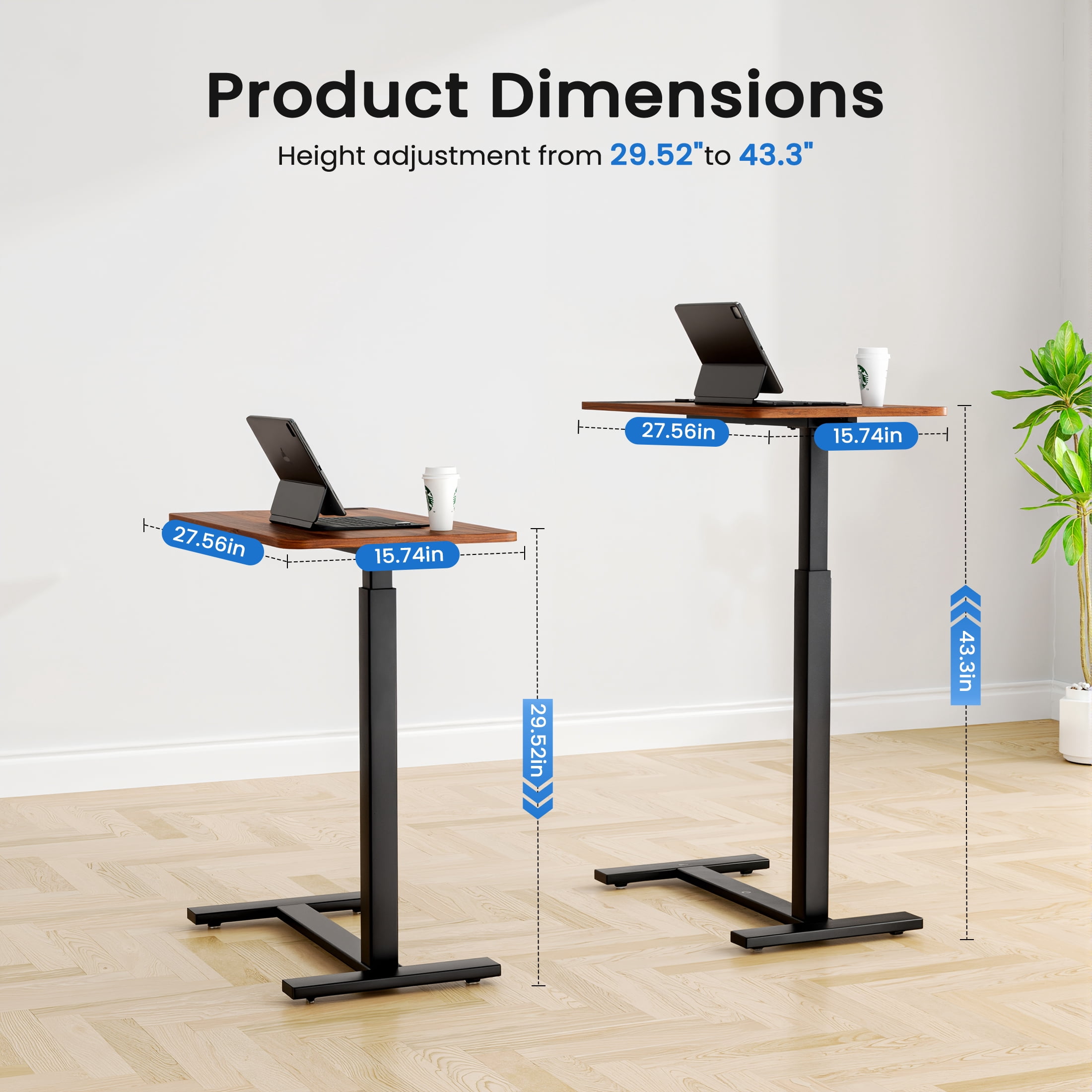 ZUNMOS Mobile Standing Desk Height Adjustable Rolling Laptop Table with Hidden Casters (Brown, 28 in x 16 in) 287p2