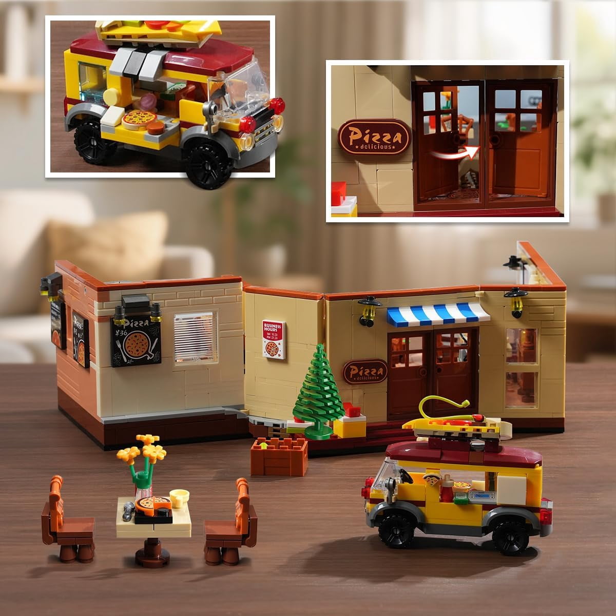 TERRAMUS City Street Pizza Restaurant Building Set with LED Lights (1098 Pieces) vnesn