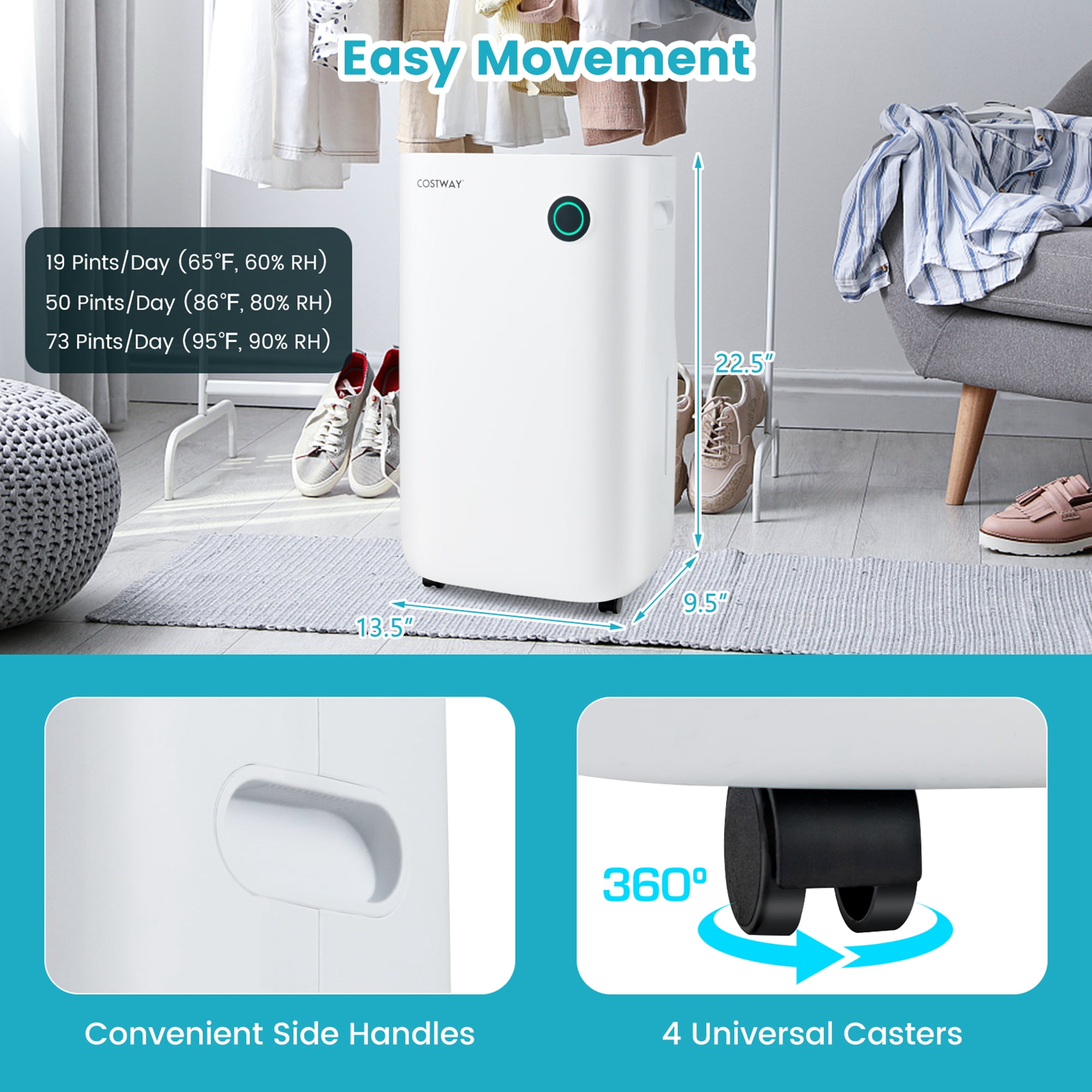 Costway Quiet Dehumidifier for Home and Basements with 5 Modes and 4,500 Sq. Ft. Coverage (White, 19-Pint) kf12d