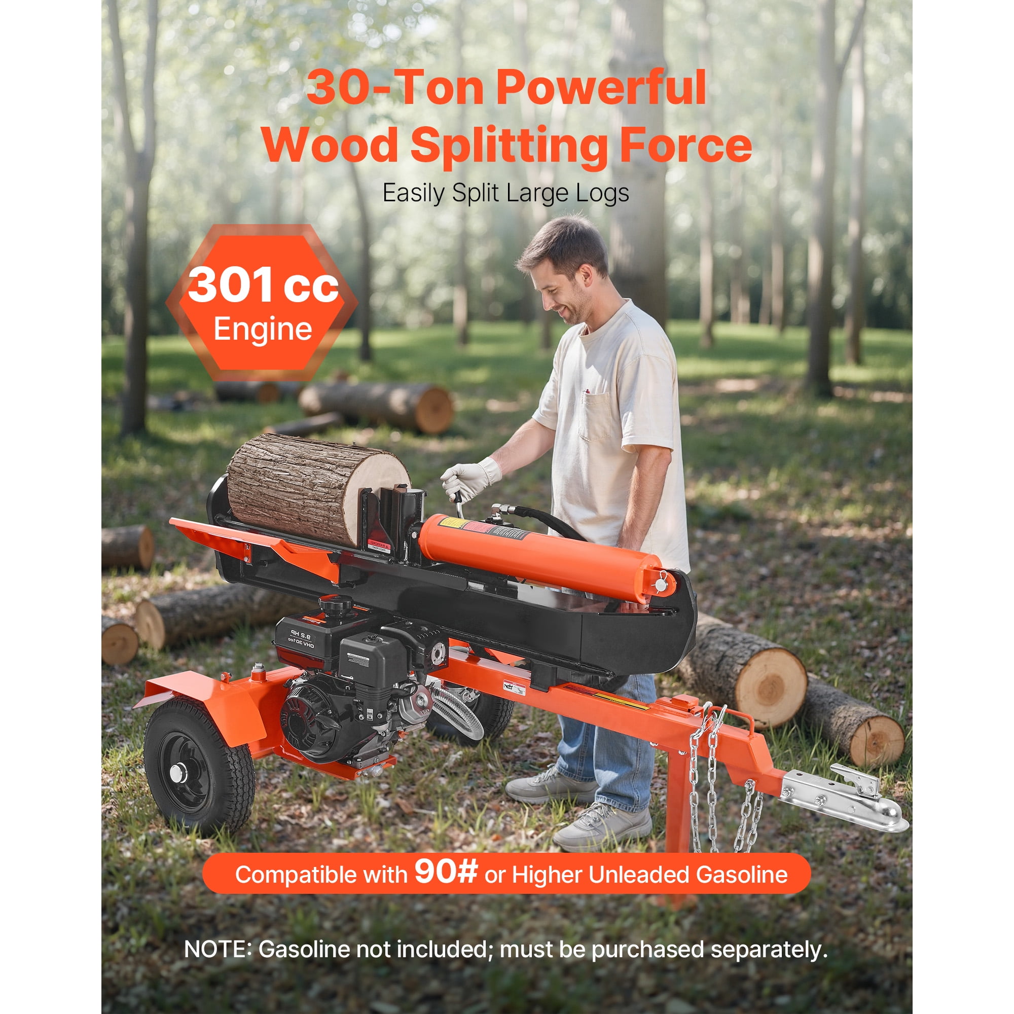 KFFKFF 30-Ton Gas Log Splitter, 306CC Engine, Hydraulic Wood Splitting Machine with 2-in Ball Coupler (Orange, 24-in Log Capacity) mlmga