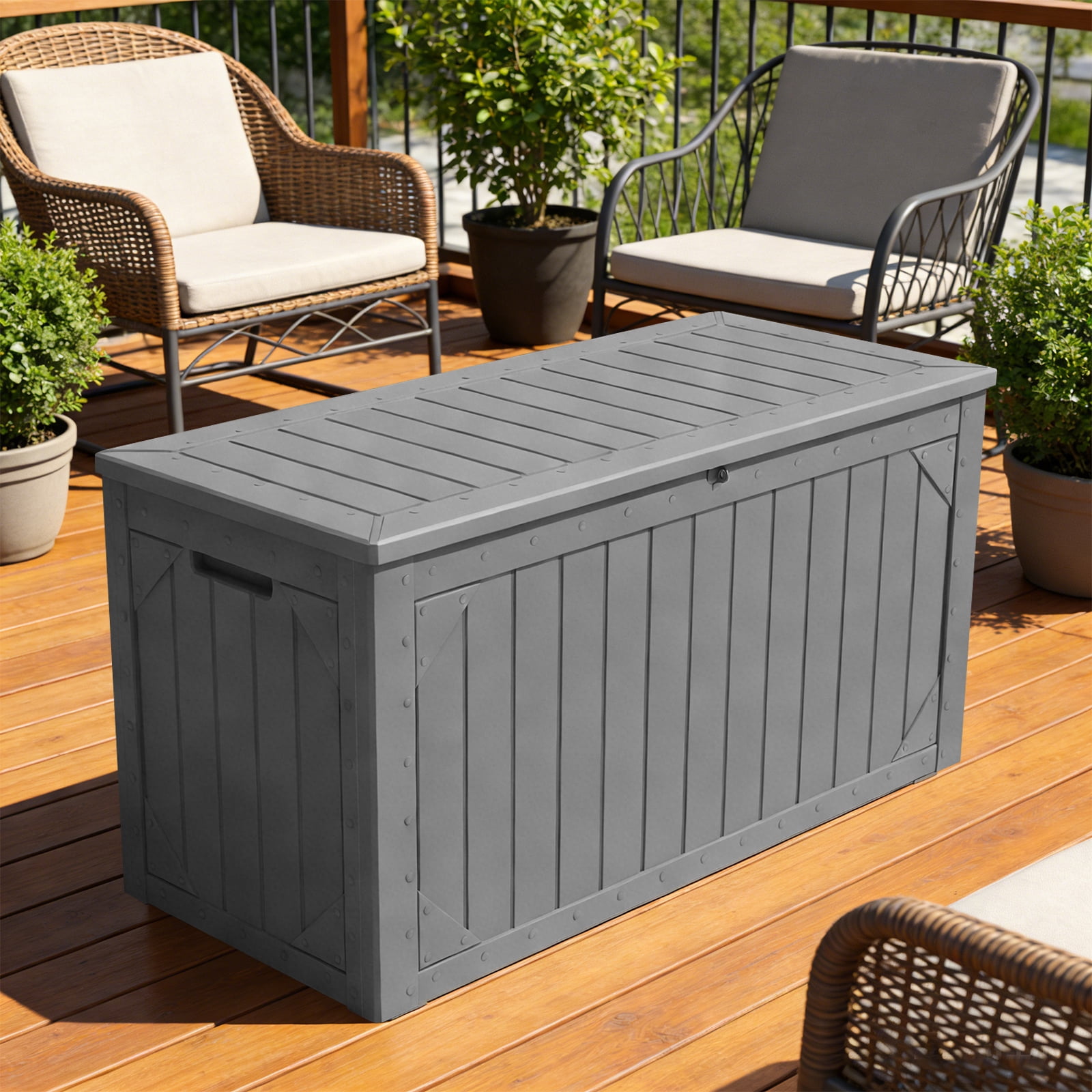 ToyKAKA 100 Gallon Outdoor Storage Box, Weather-Resistant Resin Deck Organizer for Patio Cushions and Garden Tools (Gray, 100 Gallon) mwgfz