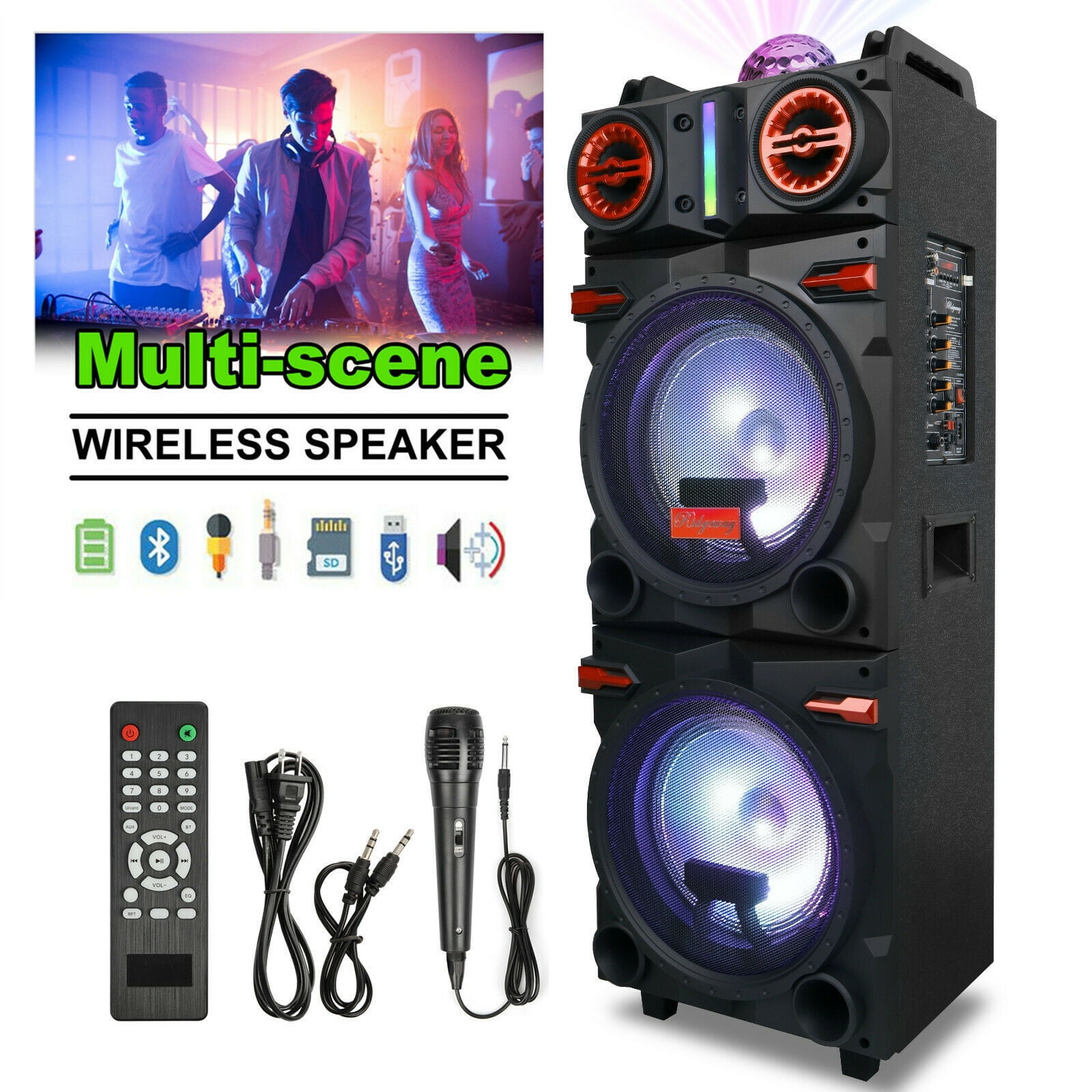 Dazone Portable Bluetooth Party Speaker with Dual 10 in Woofers, LED Lights, and Karaoke Function (Black, 4500W) 3e3co