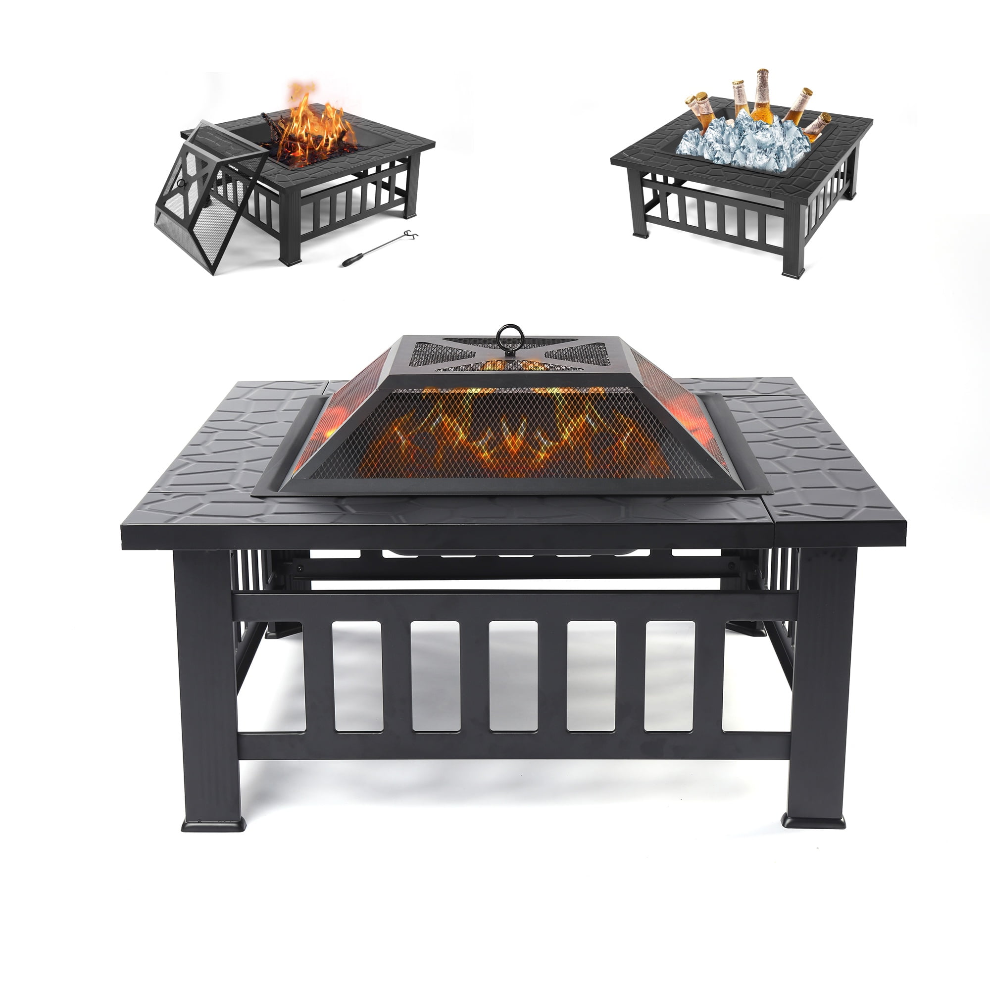 Segmart Outdoor Fire Pit Table, 32 in Square Wood Burning Fire Pit with Spark Screen and Log Poker (Black, 32 in) c7uir
