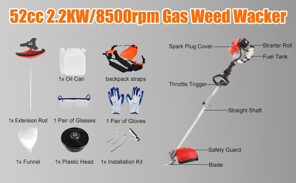 Floseru 5-in-1 Gas String Trimmer and Brush Cutter, 52cc 2-Cycle Engine, Multi-Functional Yard Tool (Red, 1 Unit) 1z2bx