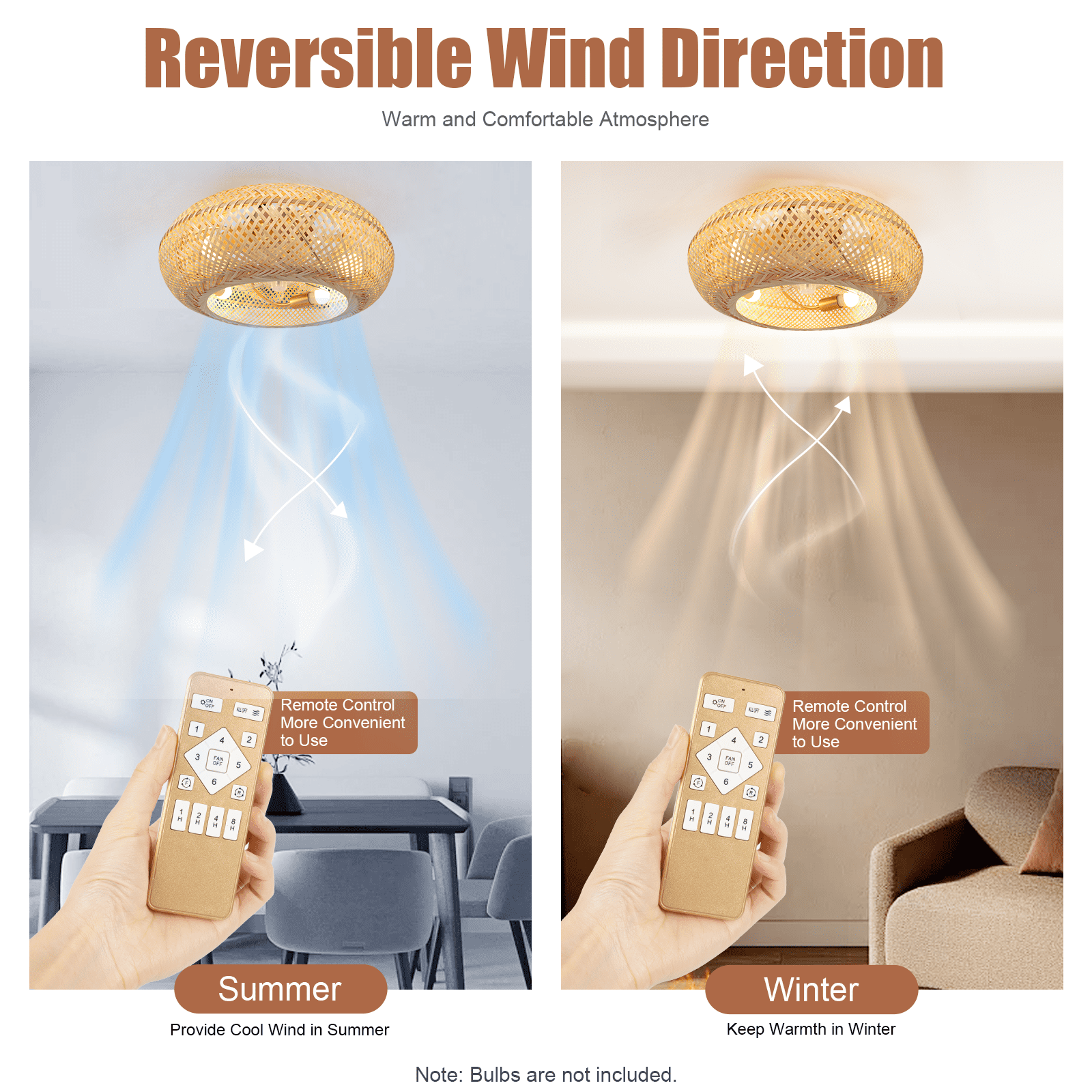 Generic Bamboo Ceiling Fan Farmhouse Boho Rattan Woven Light with Remote Control (Natural, 20 in) 023ca