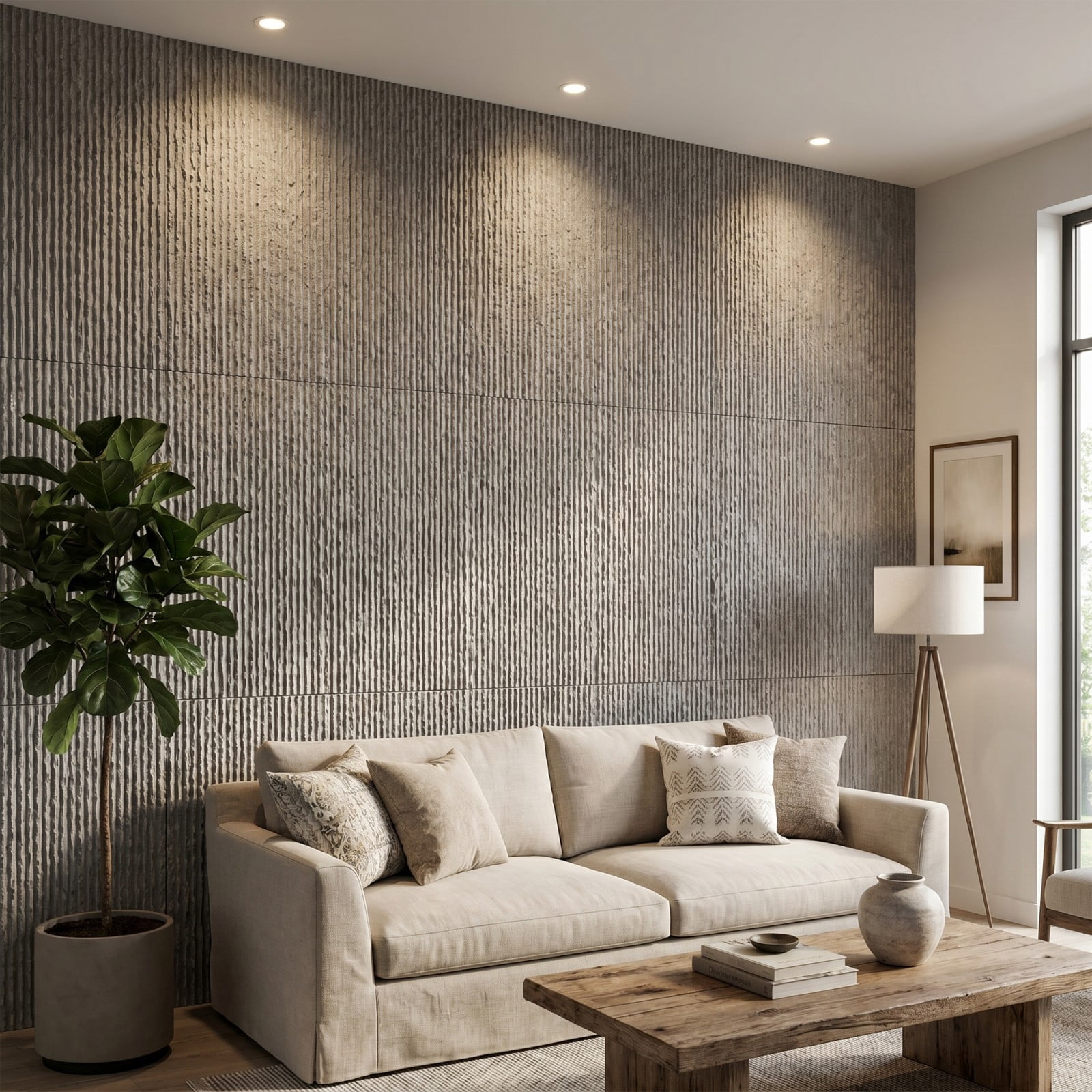 BEAUTYPEAK 3D Faux Stone Wall Panels, Modern Fluted Texture Decorative Siding (Cement Grey, 48 in x 24 in, 4 Pack) d7h01