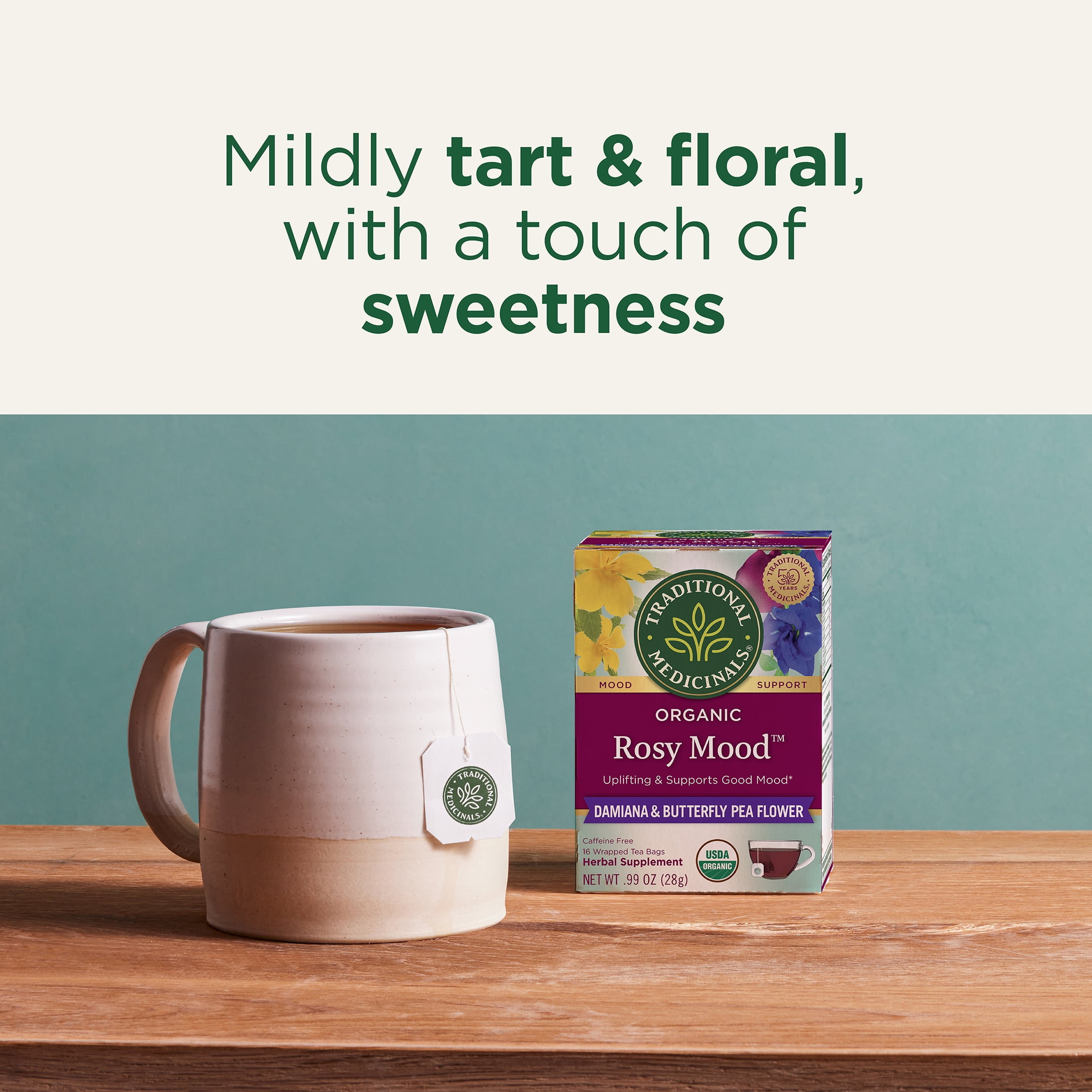 Traditional Medicinals Organic Rosy Mood Herbal Tea, Caffeine-Free Wellness Blend (16 Count) t8u00