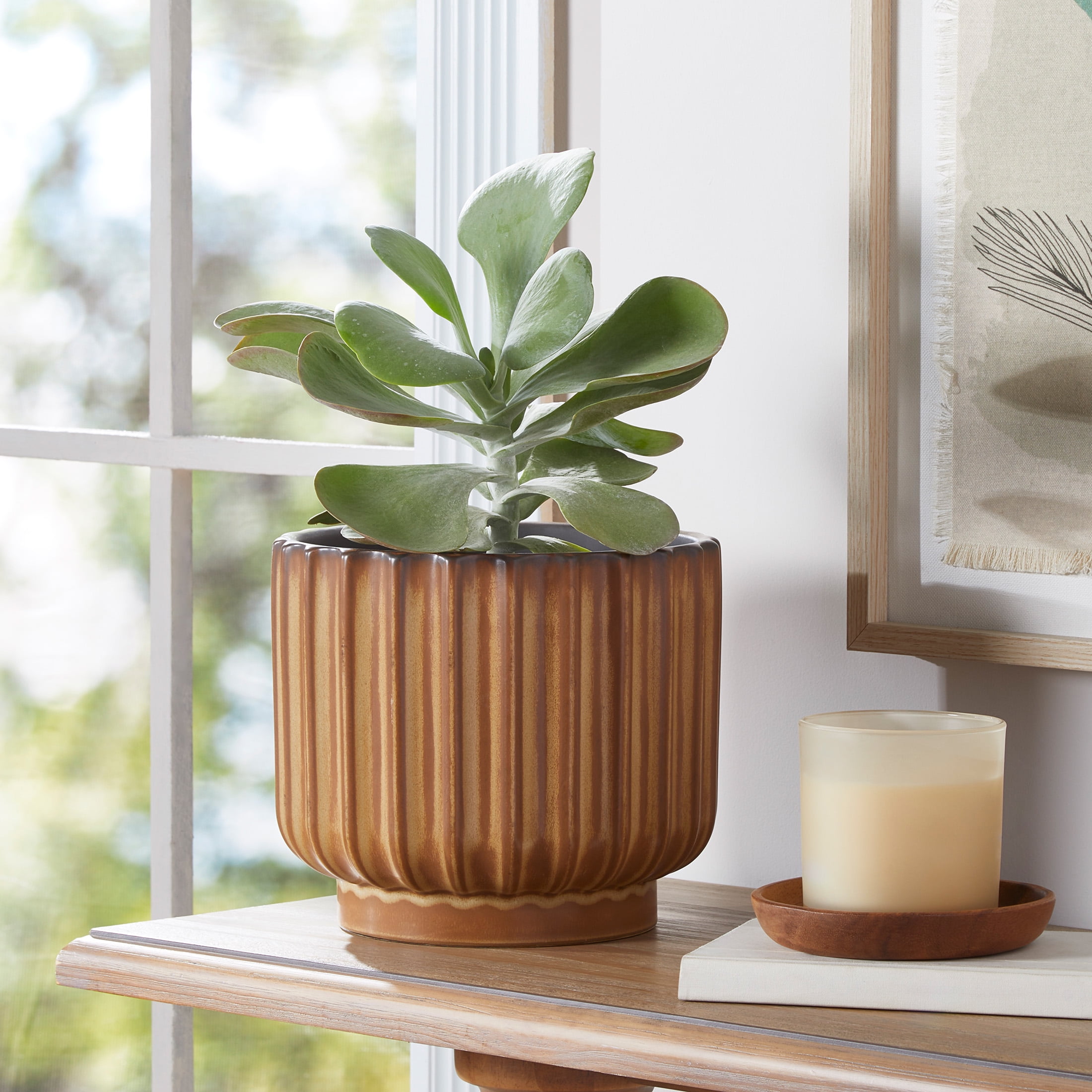 Better Homes & Gardens Paul Planter Ribbed Ceramic Indoor Outdoor Plant Pot (Copper, 9 in) gkp52