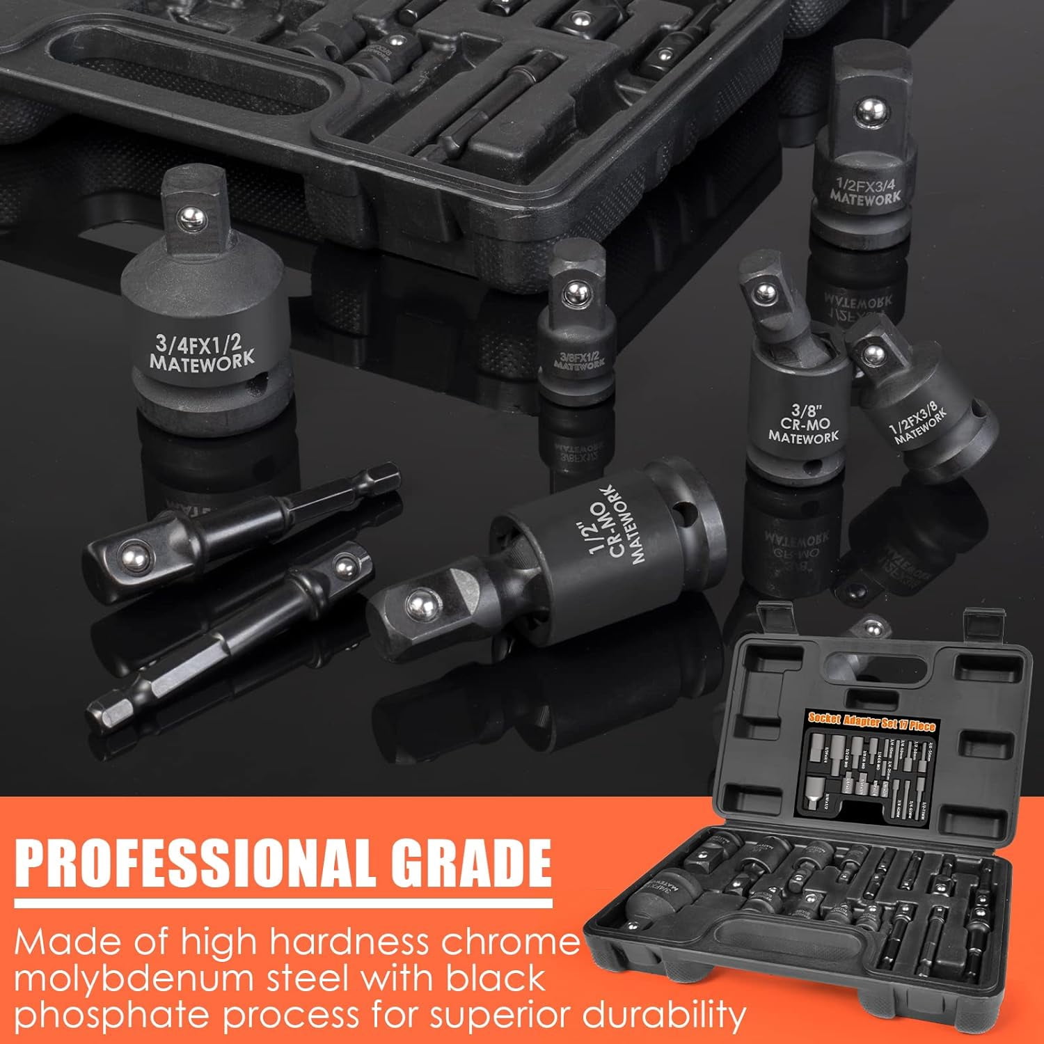 Matework 17-Piece Impact Socket Adapter and Universal Joint Set (1/4 in, 3/8 in, 1/2 in Drive) xv7x6