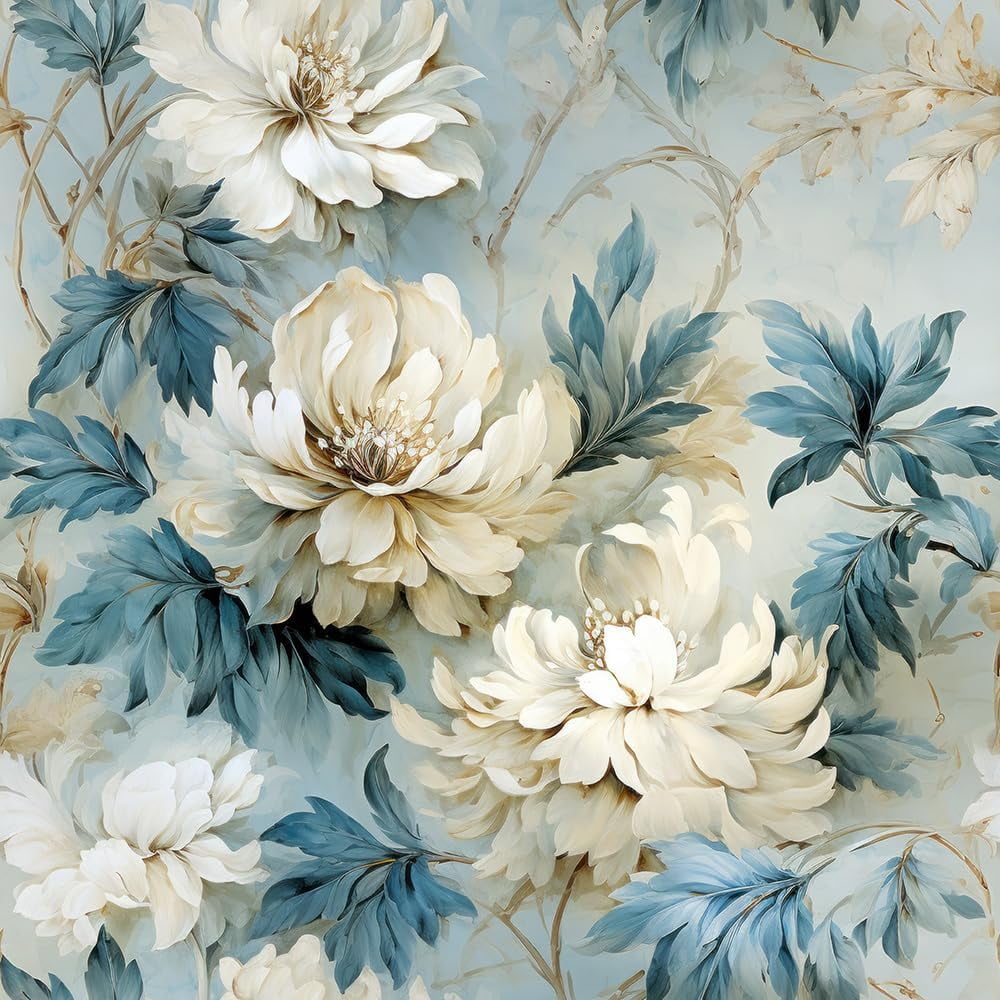 Usachibb Floral Peel and Stick Wallpaper Vintage Navy Botanical Contact Paper for Furniture and Walls (White, 17.7 in x 118.1 in) 80m28