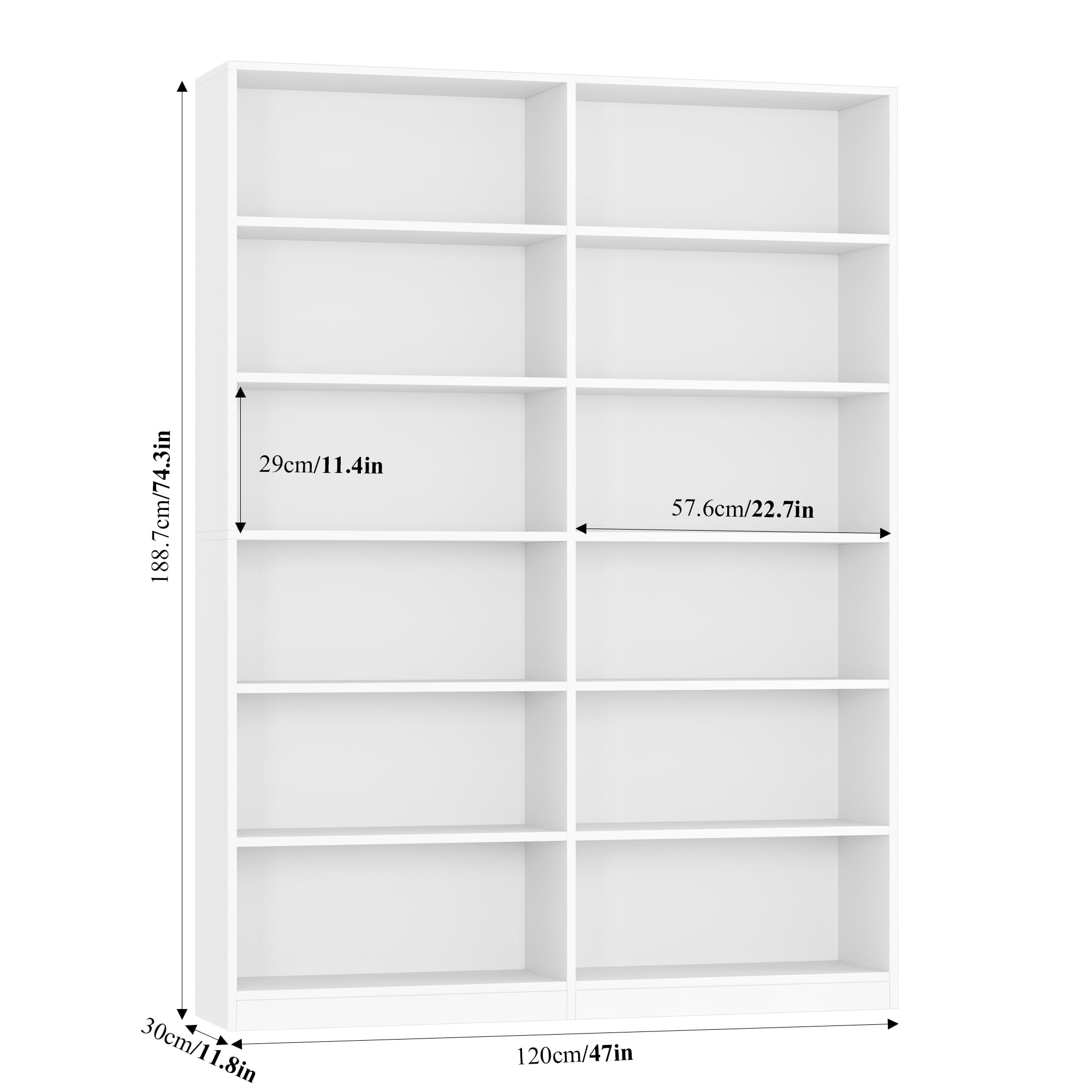 Homfa 6-Tier Double Wide Bookshelf, Extra Large Freestanding Display Storage Organizer for Home Office (White, 47.2 in W x 11.8 in D x 74.3 in H) sz3pl